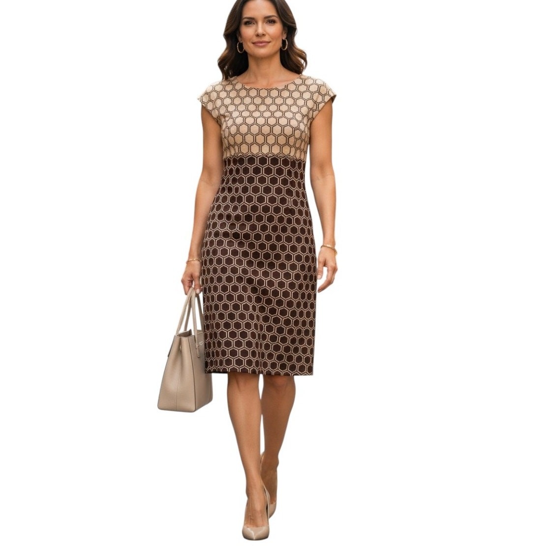Connected Apparel Dress Tan Brown Cap Sleeve Geometric Print Sz 14