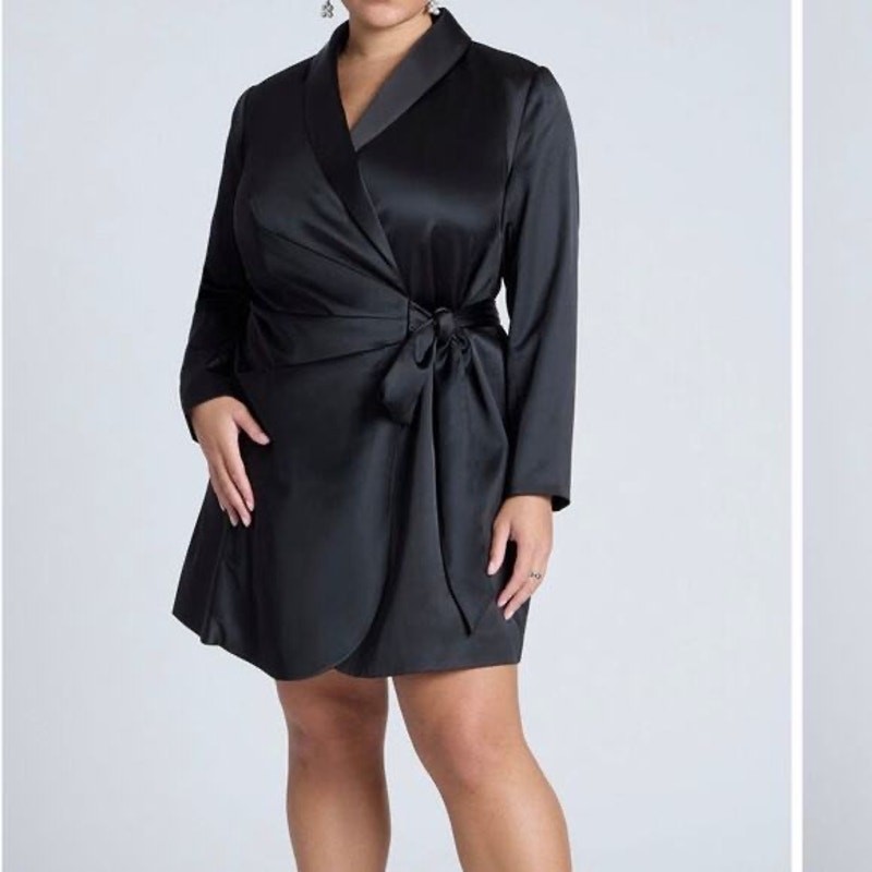 Eloquii Black Satin Wrap Dress Size 14 Elegant Modern Chic Tuxedo Evening