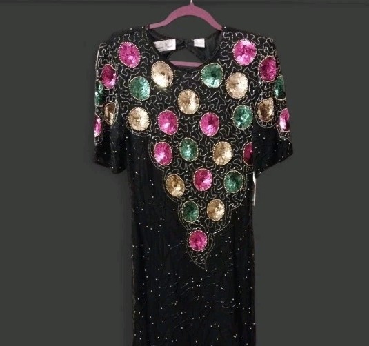 Vtg Laurence Kazar Beaded Sequin Cocktail Dress Size L Black Christmas NWT