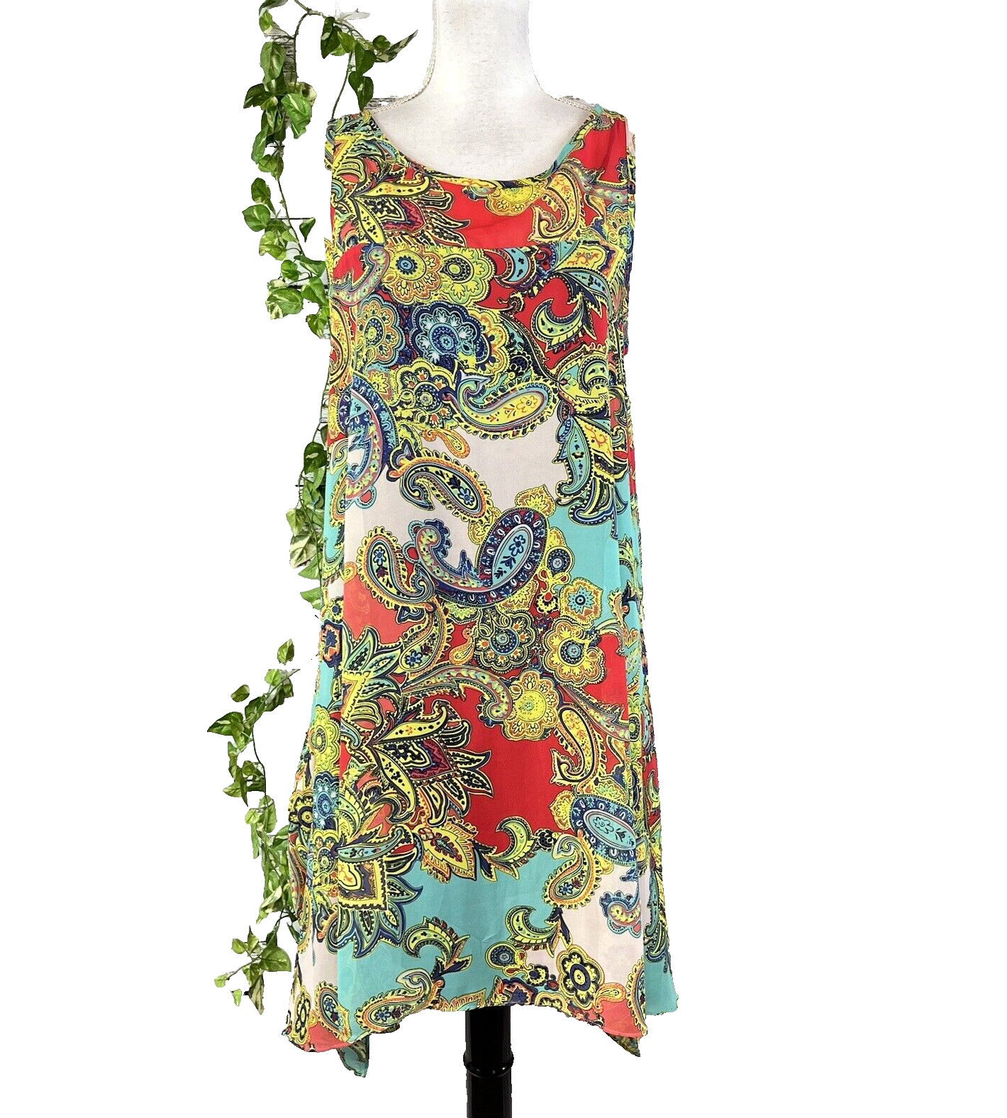 Robbie Bee Tunic Dress size 12 Pink Yellow Paisley Sheer A Line Lagenlook Boho