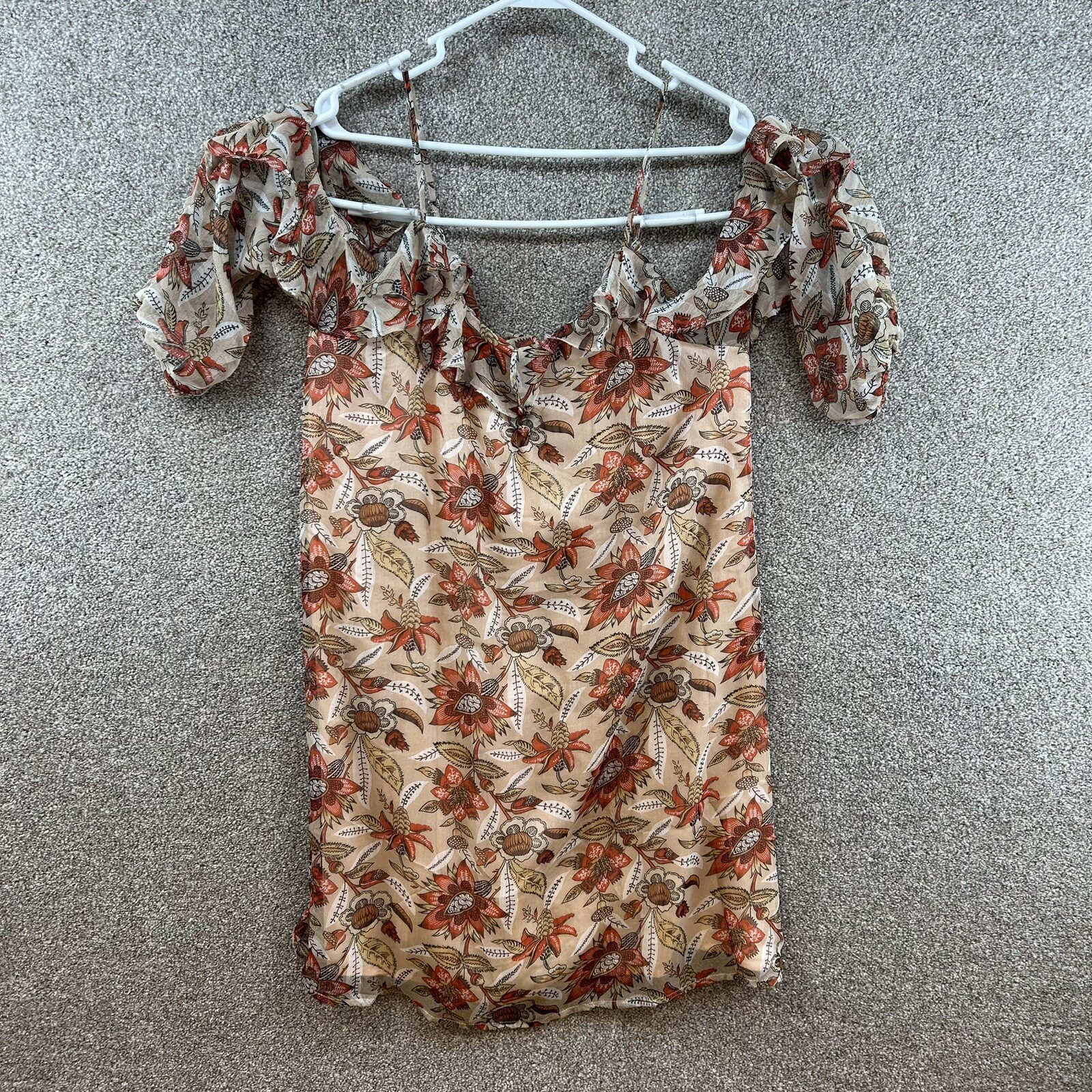 Unbranded Women’s Dress Mini Tan Pink Floral Ruffle Sleeve See Pictures