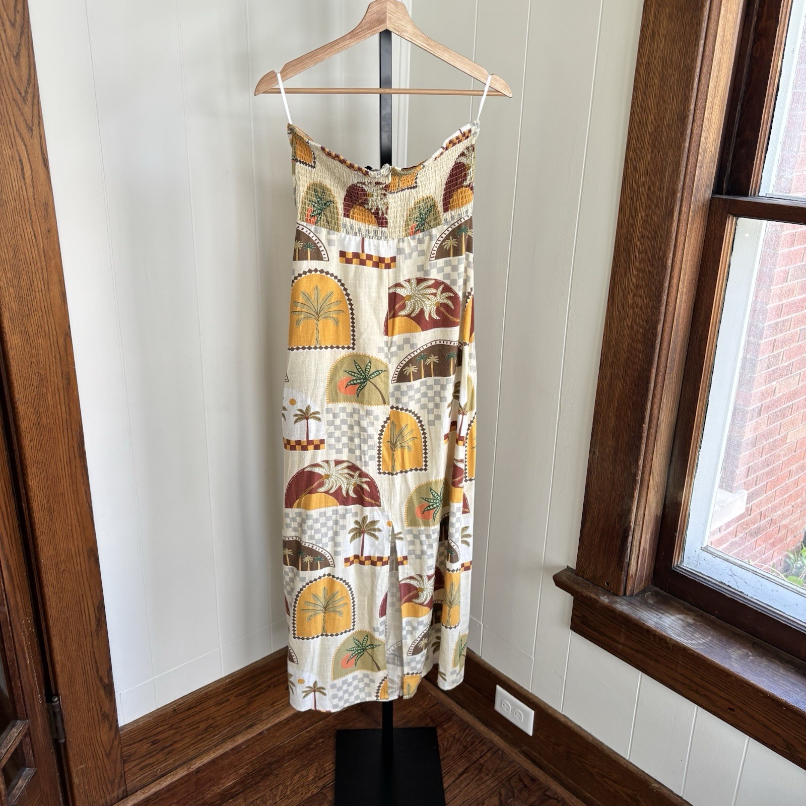 Paper Heart NWT Strapless Smocked Back Maxi Dress Palm Arch Linen Blend Womens M