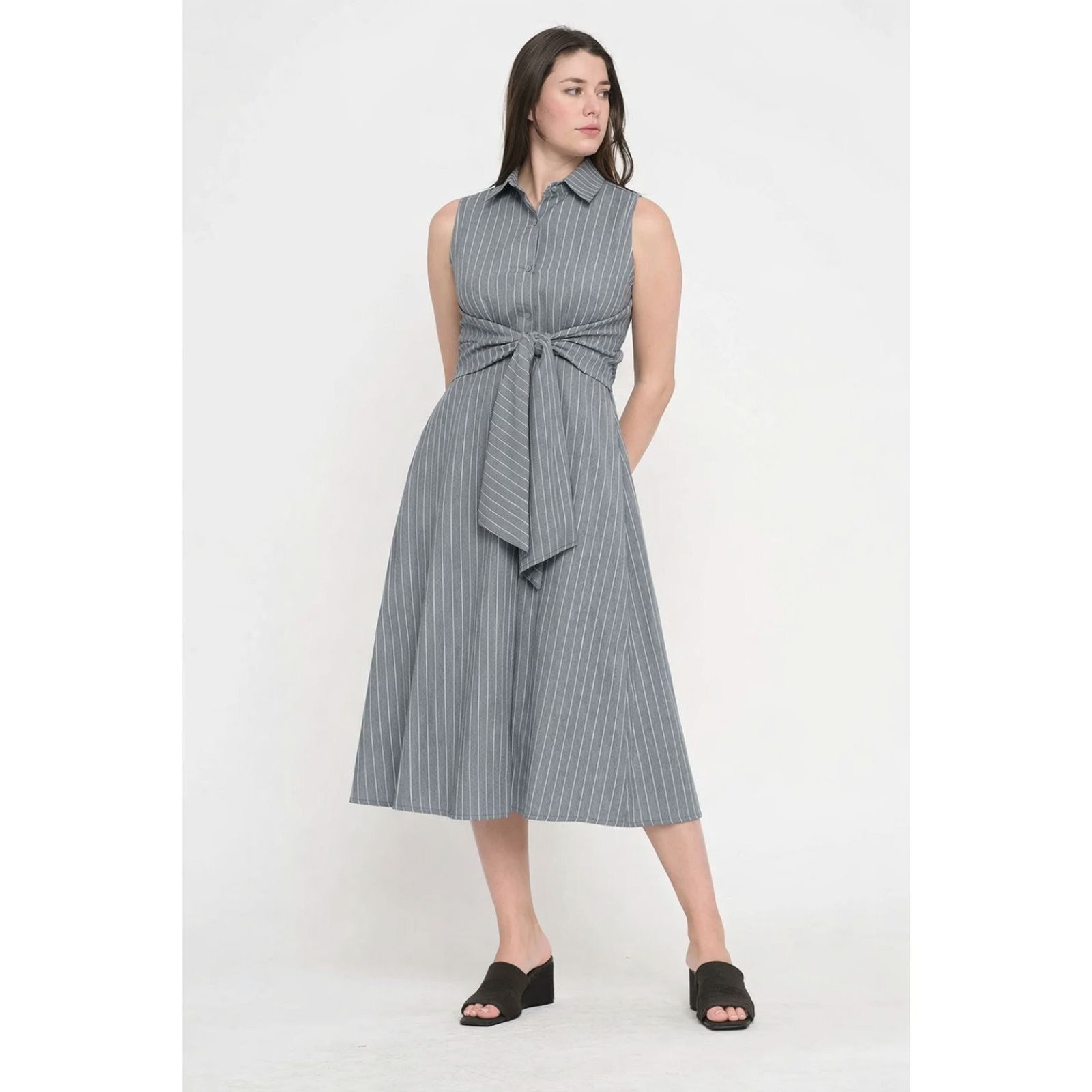 Gray and White Stripe Poplin Tie Shirt Dress