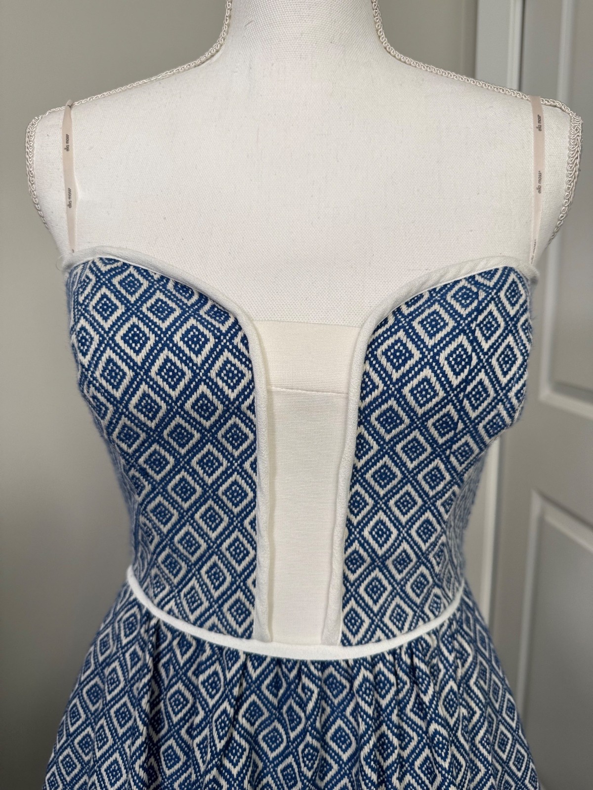 Ella Moss Blue White Diamond Print Strapless Dress S Fit & Flare Cotton Blend