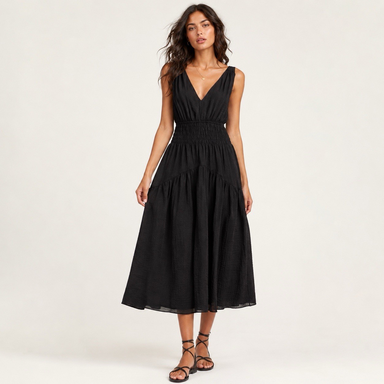 Women’s Dress Vince Smocked Midi Black Minimalist Evening Wedding Romantic LBD