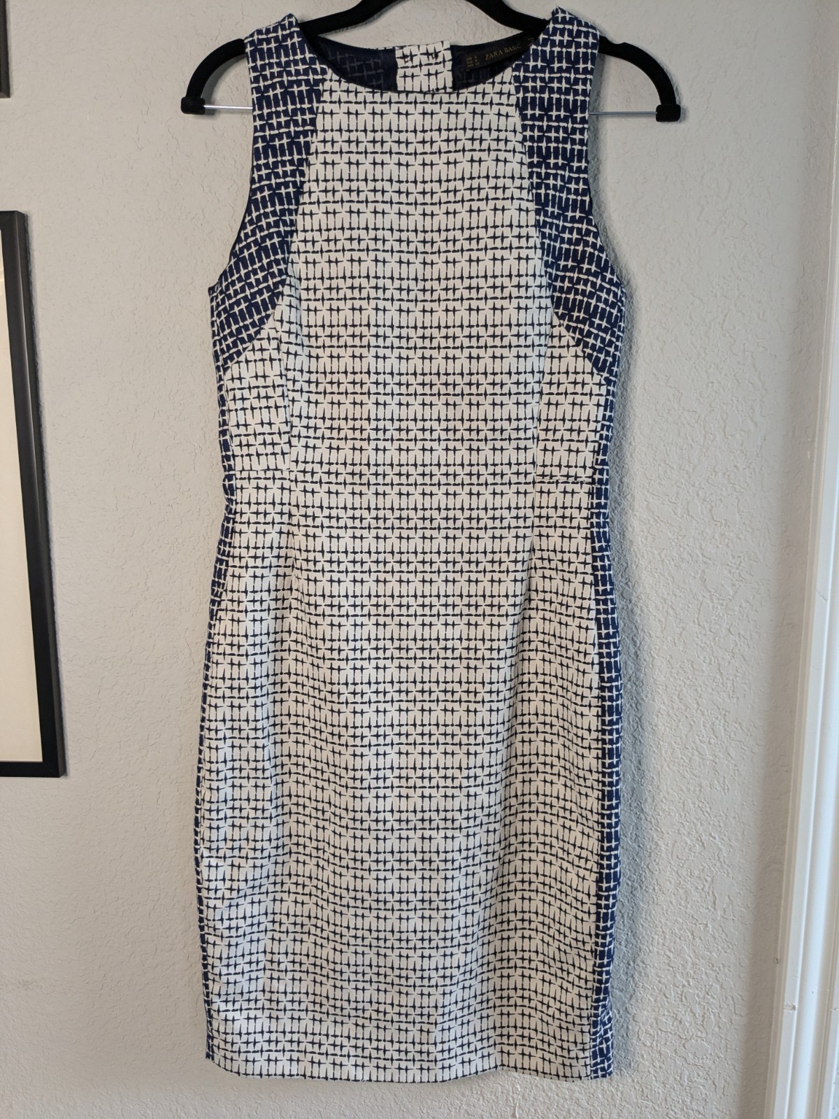Zara Pencil Dress Sleeveless Shift Open Back Size M Navy White Good Condition