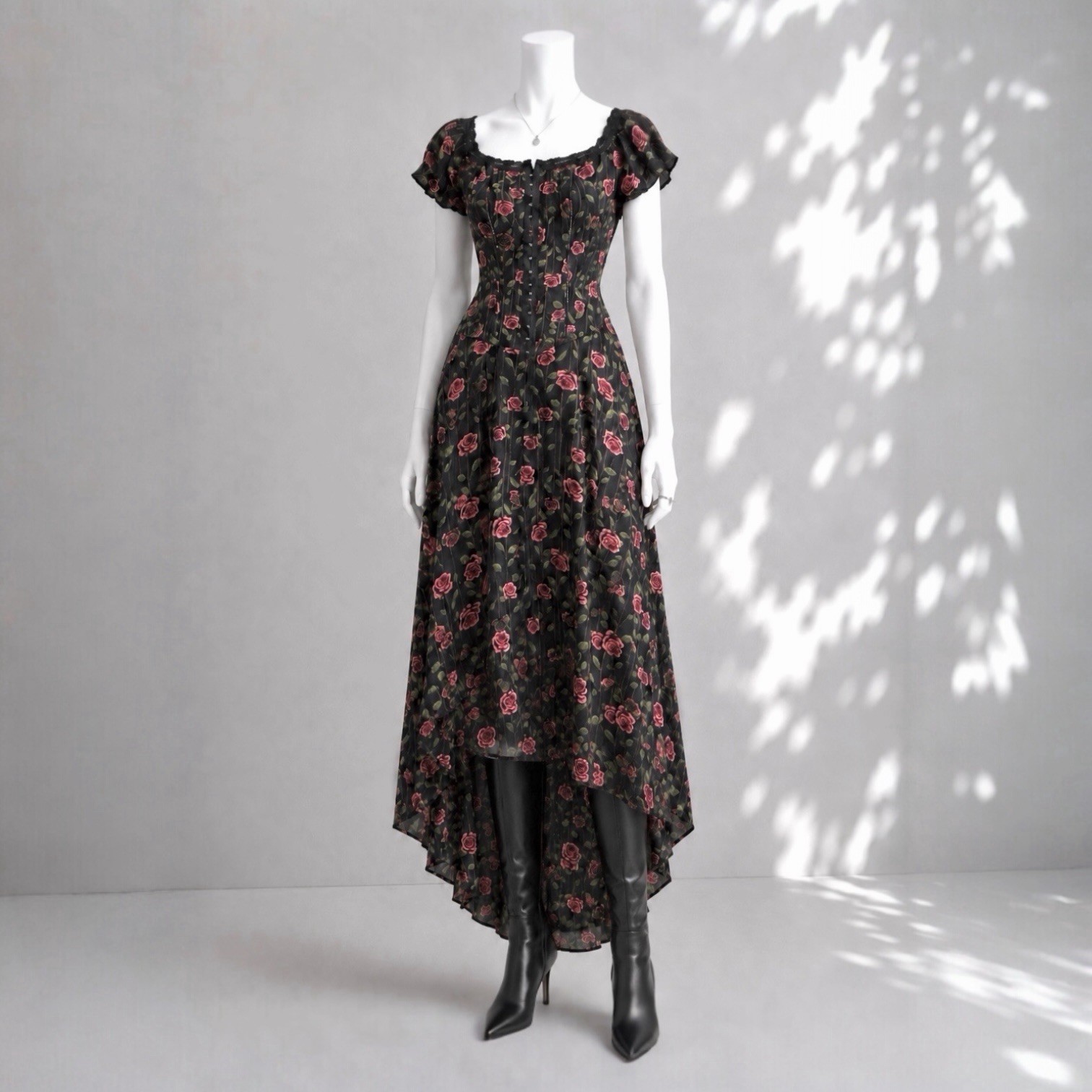 Disney Beauty and the Beast Dress M Black Pink Floral Whimsigoth Corset Midi