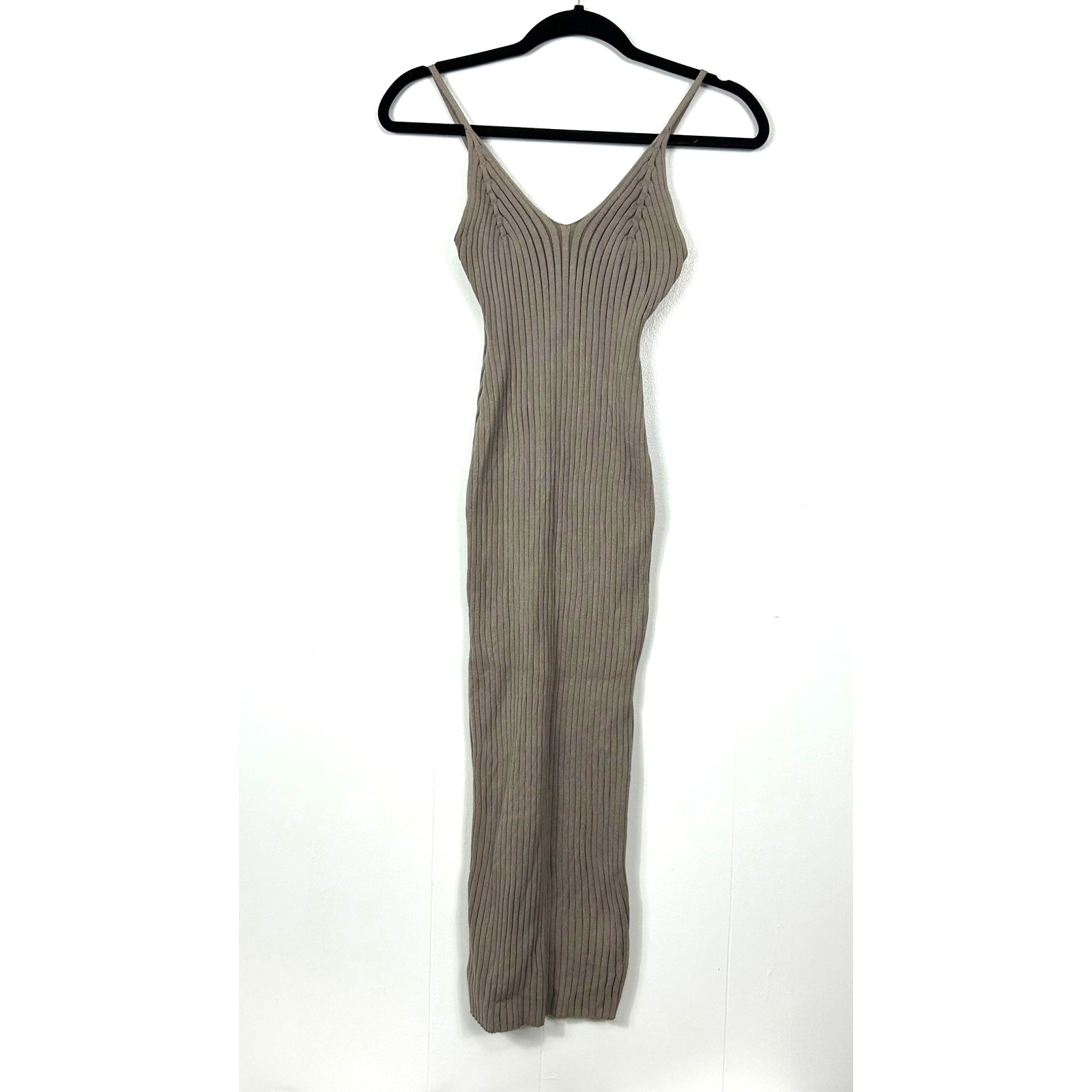 SHEIN Midi Dress Womens Large Tan Taupe Spaghetti Strap V-Neck Ribbed Knit