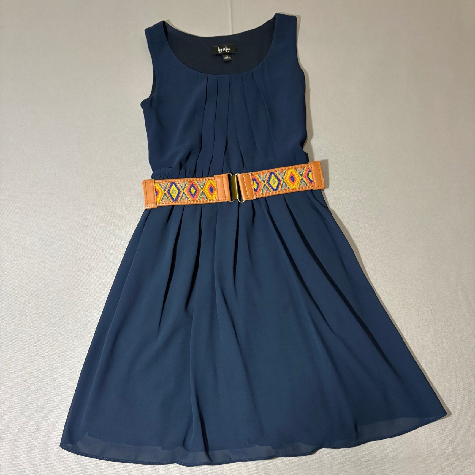 By & By Fit and Flare Dress Womens Small Navy Blue Sleeveless Tribal Belt