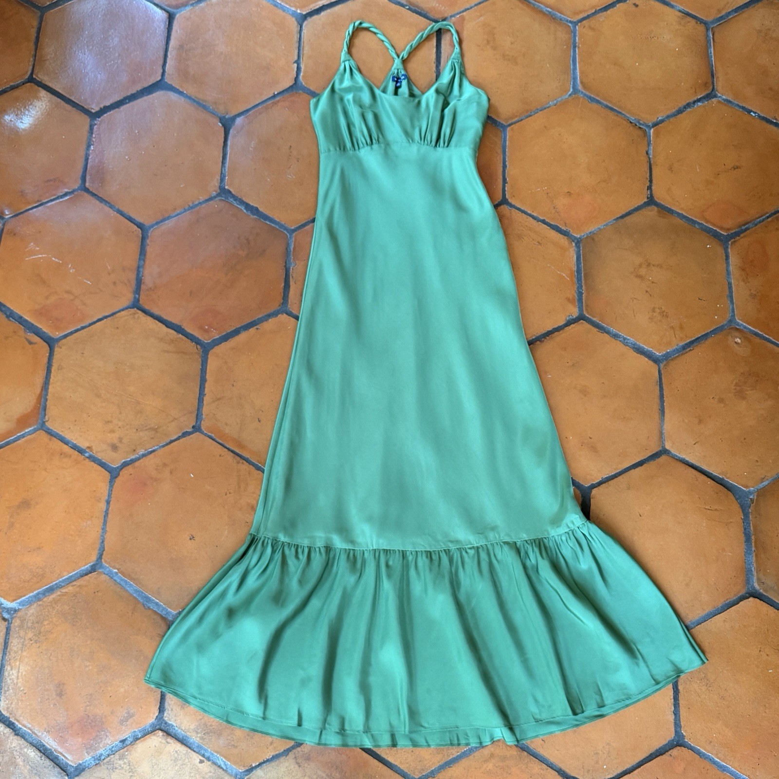 Martin + Osa Green Maxi Dress Wedding Guest 100% Silk Sz 0 Cocktail Party Resort