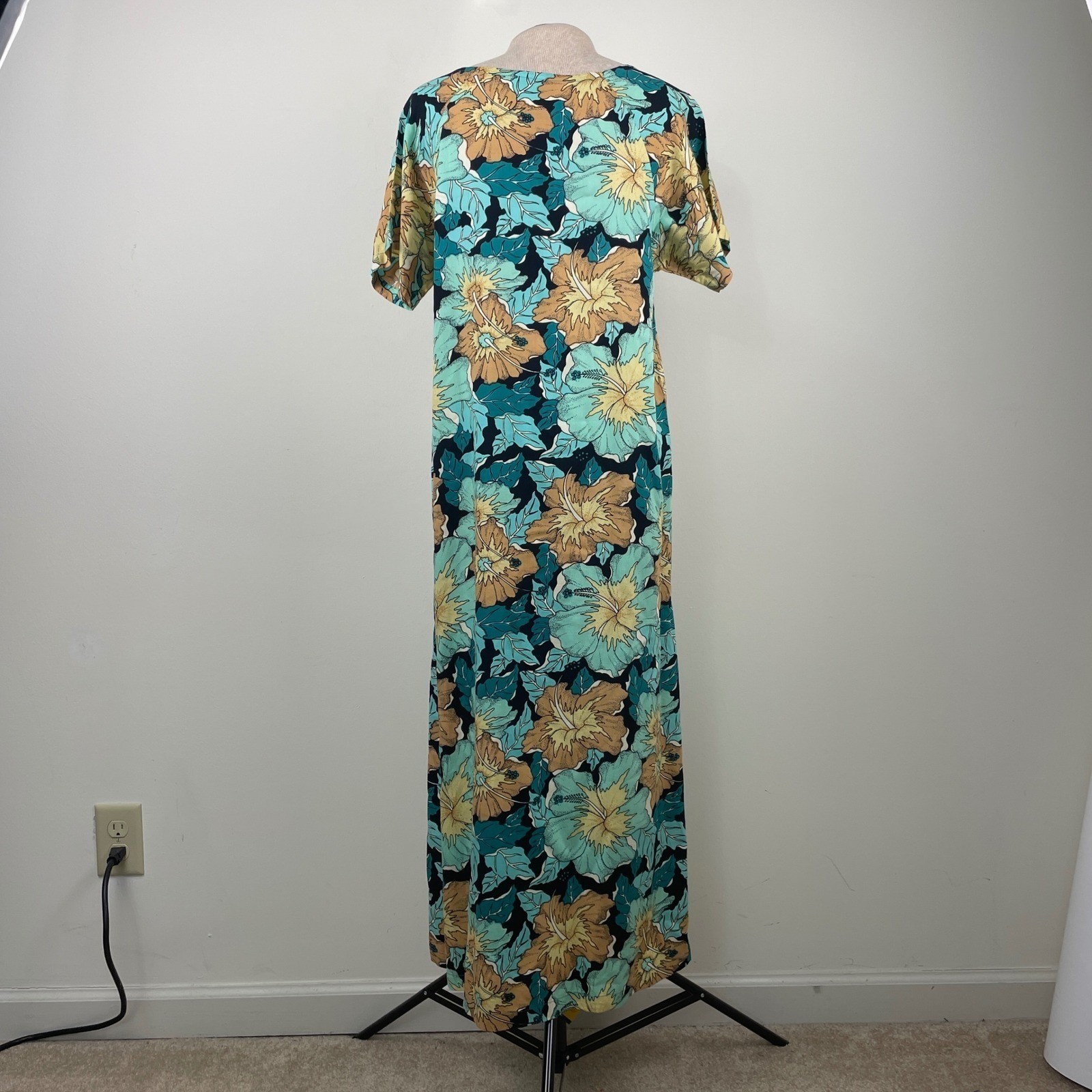 Rainbow Jo Maui Hawaii Womens Small Rayon Hibiscus Floral Maxi Dress Teal Tan