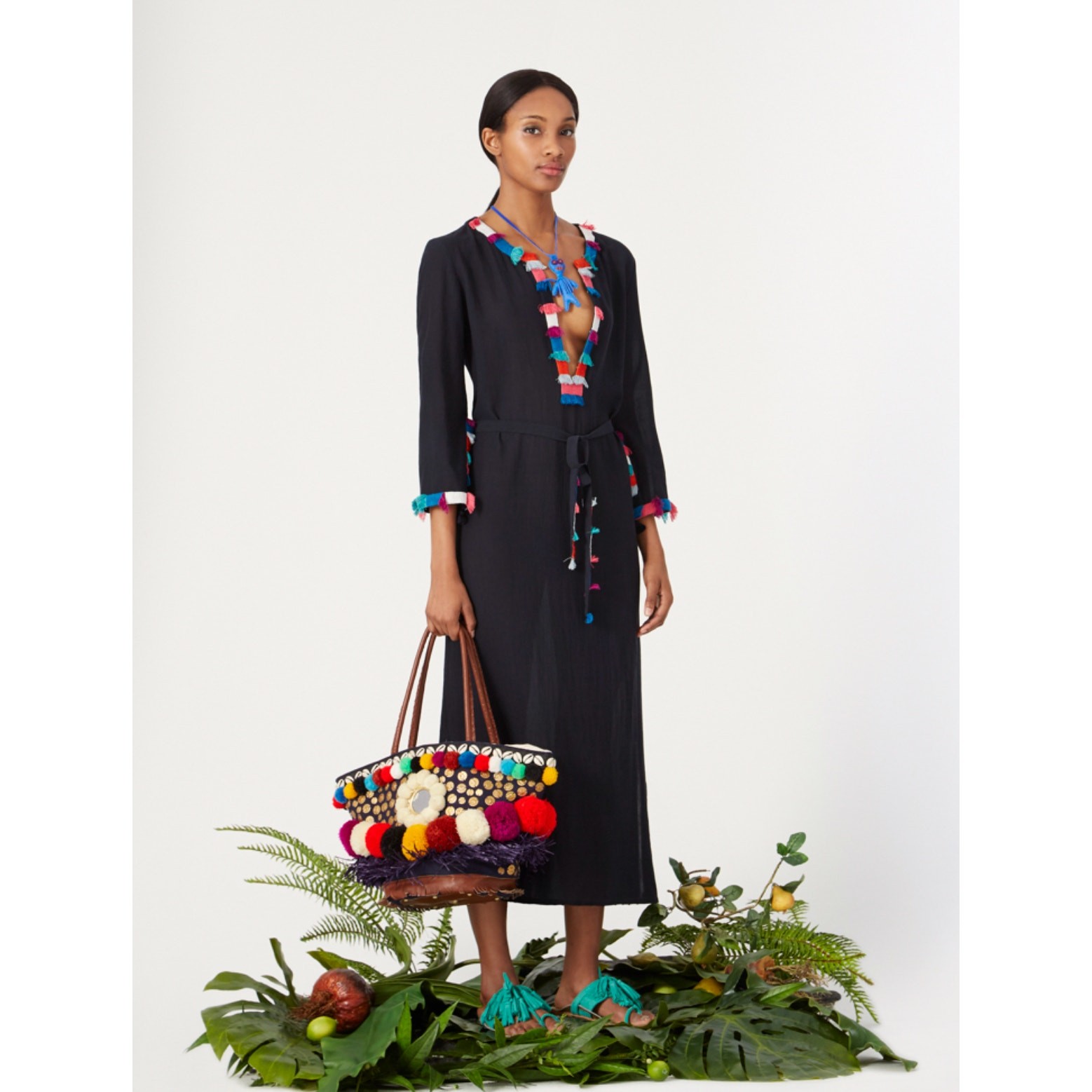Figue Lisbette Kaftan Dress Womens XS Navy Blue Tropical Resort Fringe Beach
