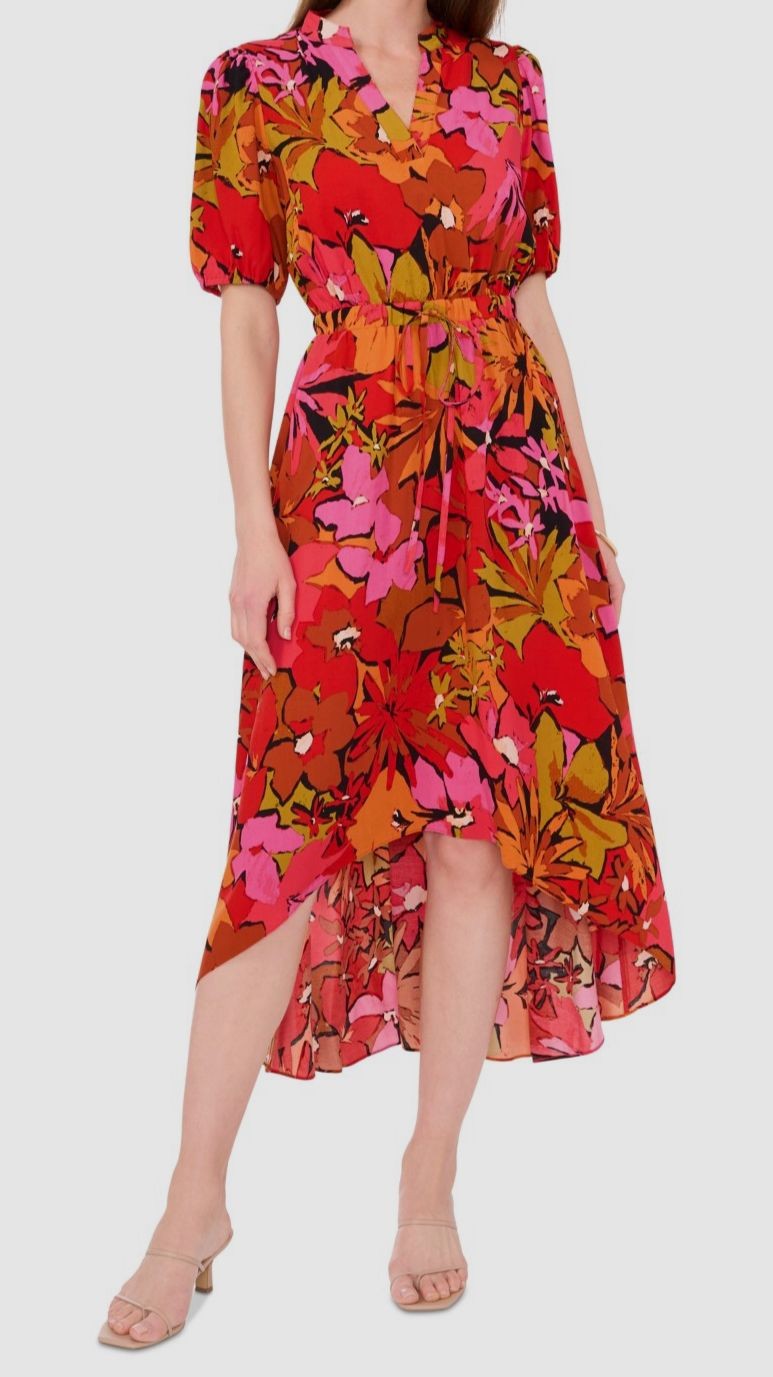 CeCe Women’s Orange Split-Neck Puff-Sleeve High-Low Dress Size XL