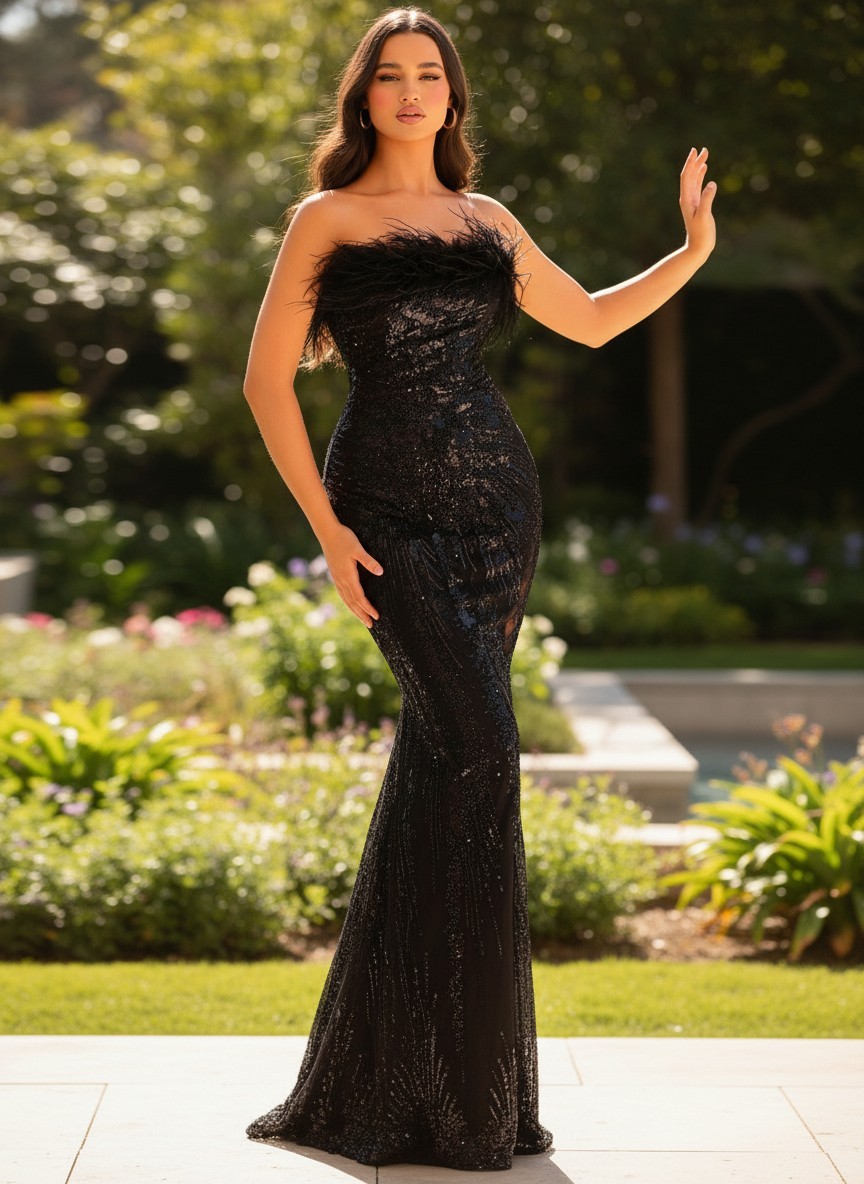 Long Black Embroidered Lace Prom Dress Size 12 Sheer Side Feather Neck