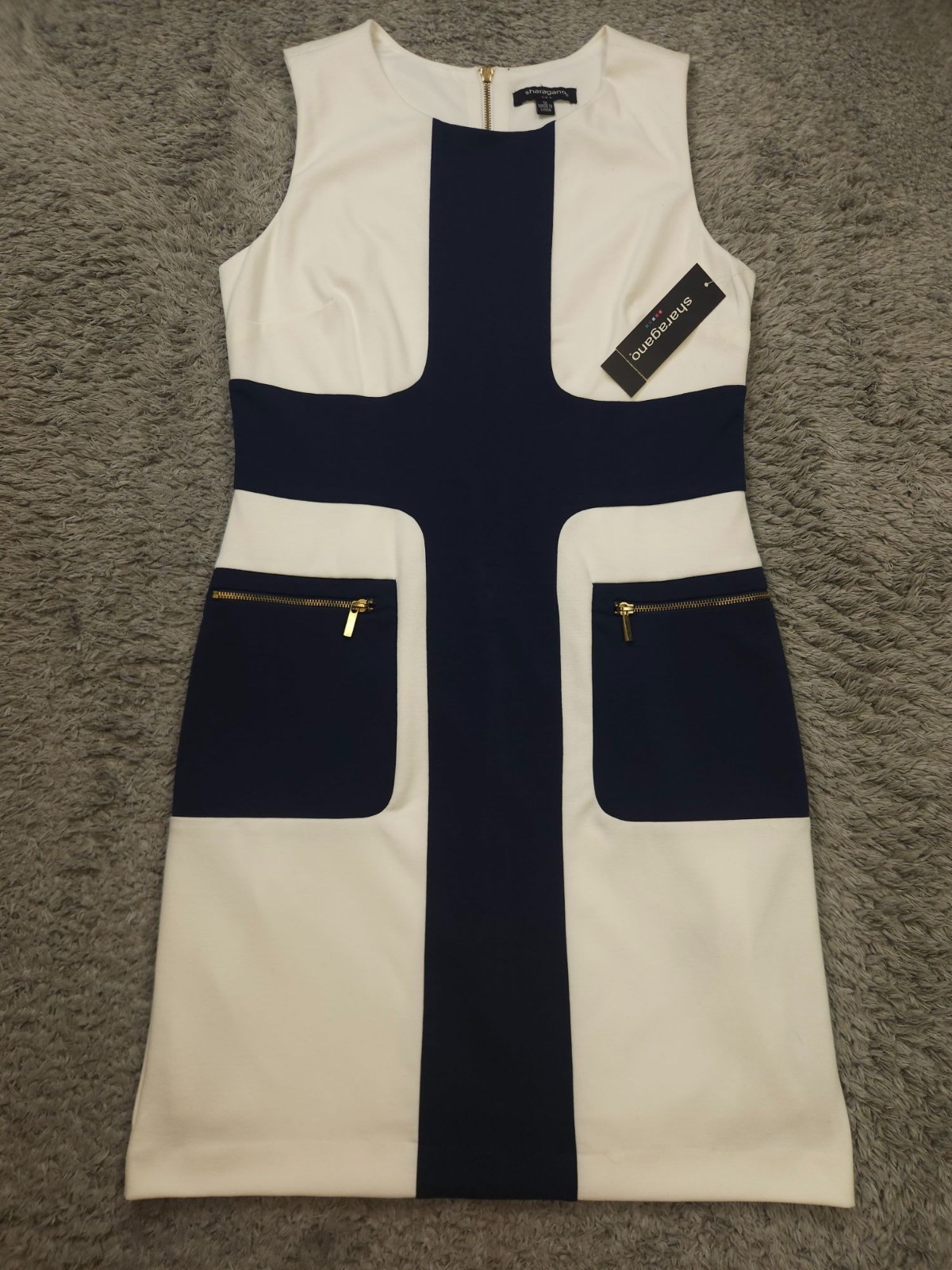 Sharagano Dress Women 12 Ivory University Navy Stretch Sleeveless Sheath NWT