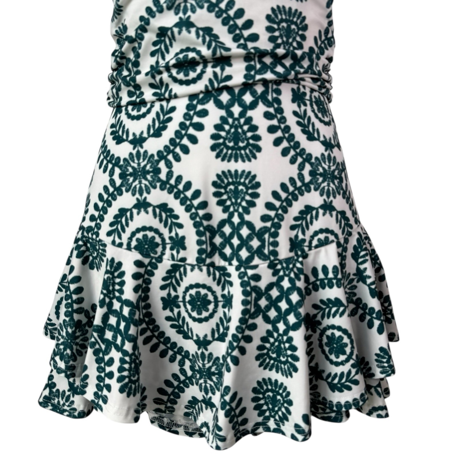 Womens Backless Halter Romper Small White Green Floral Print Ruffle Resort READ