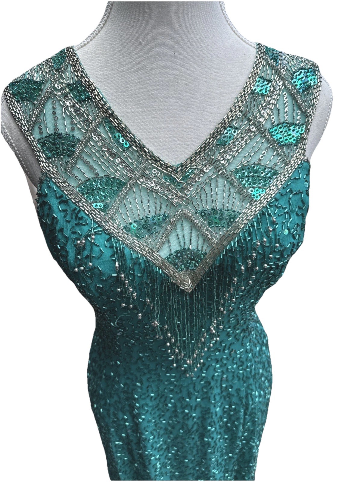 Cache Beaded Sequined Teal Formal Evening Dress Sz 8 Party 90s Y2K Flapper NYE