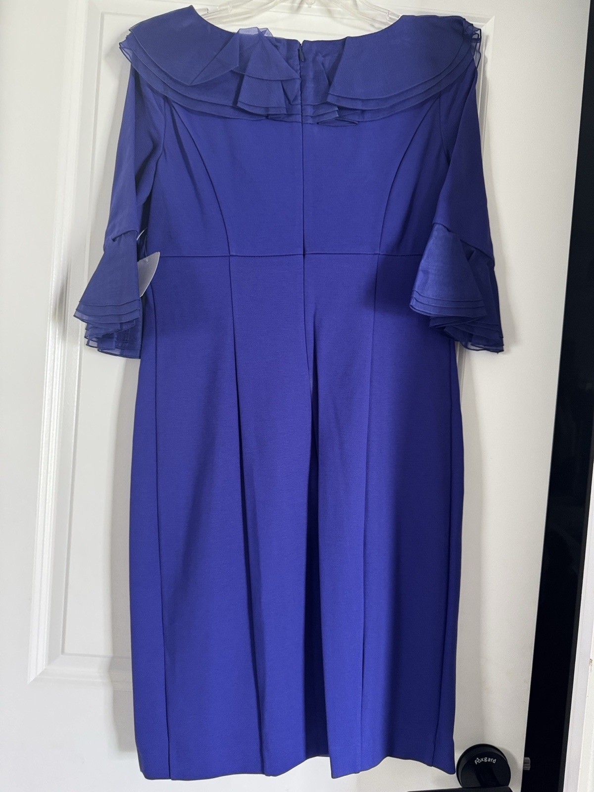 Blue Solid Round Neck Sheath Dress Ruffle Bell 3/4 Sleeve Zip Knee 6