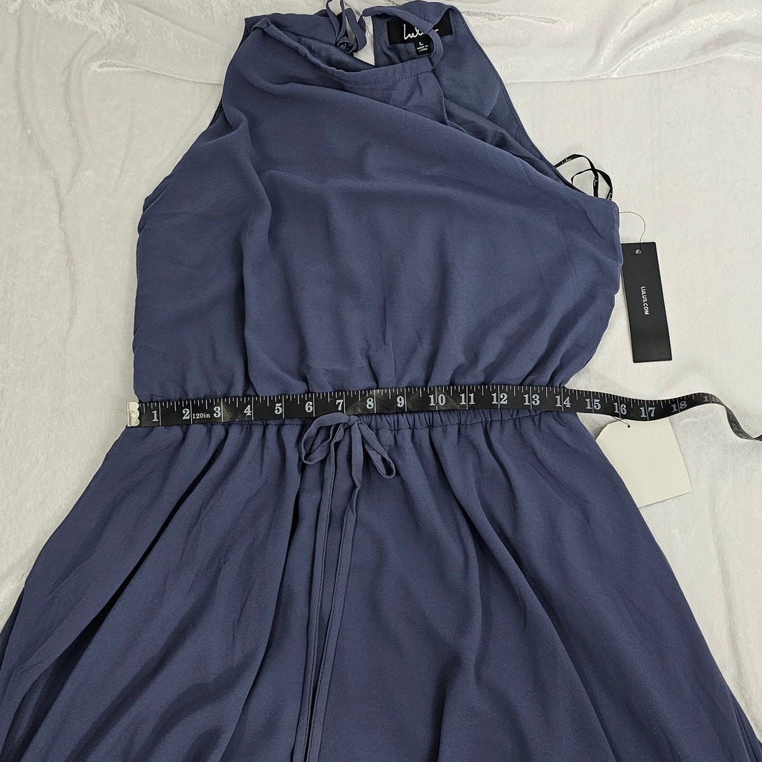 Lulus Blue Halter Neck Keyhole Back Formal Chiffon Maxi Dress Women’s Size L NWT