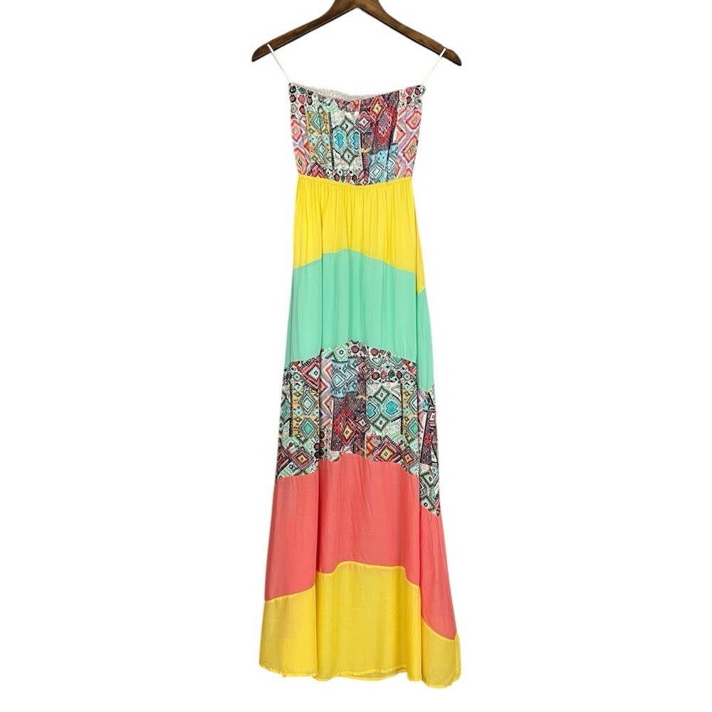Xtaren | Multicolored Colorful Strapless Maxi Dress Patchwork Stripe Boho Indie