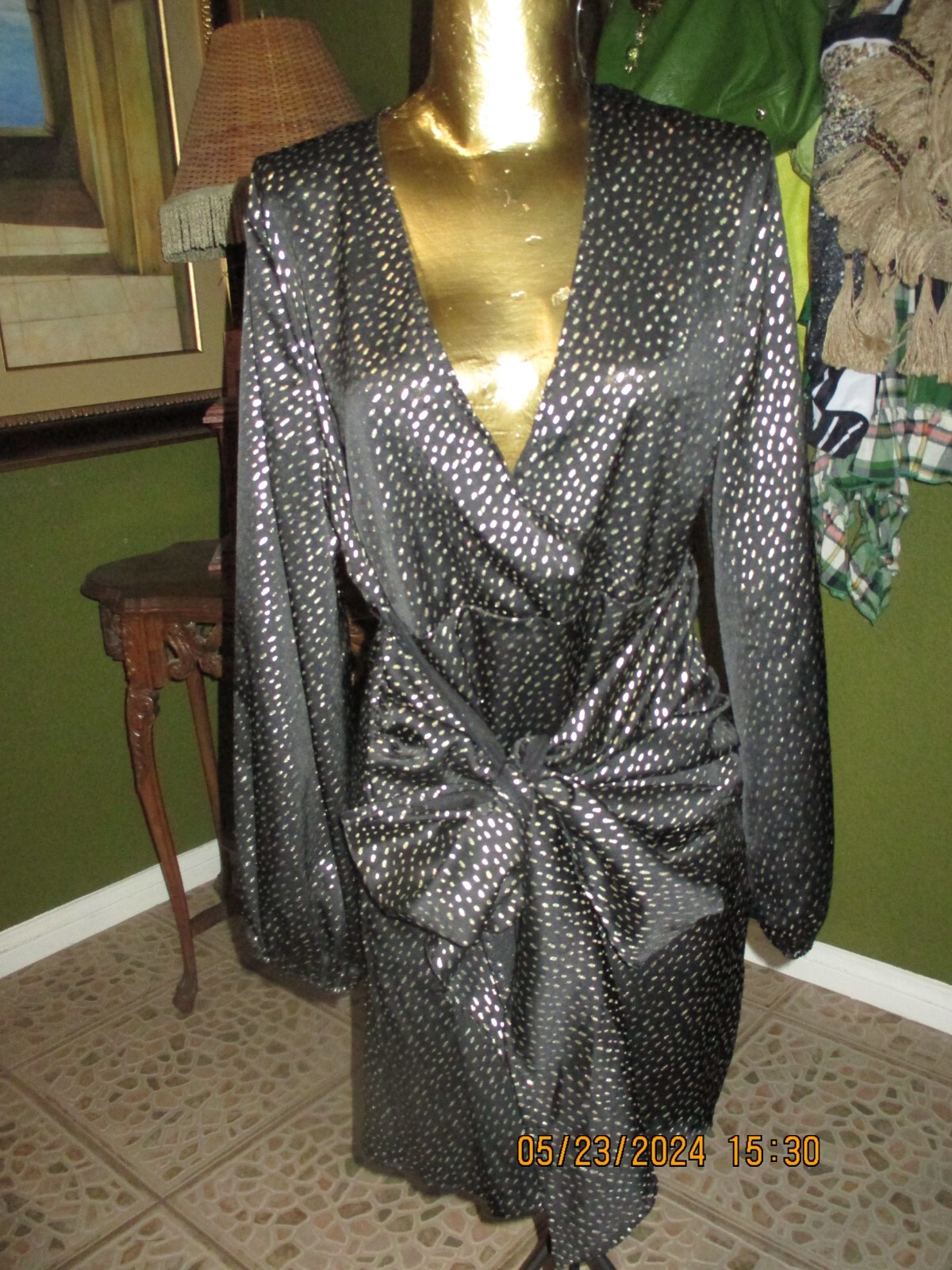 NEW COTTON POLY BLACK&GOLD SPECK MINI DRESS! CROSS OVER TOP WIDE TIE BOW SIZE XL