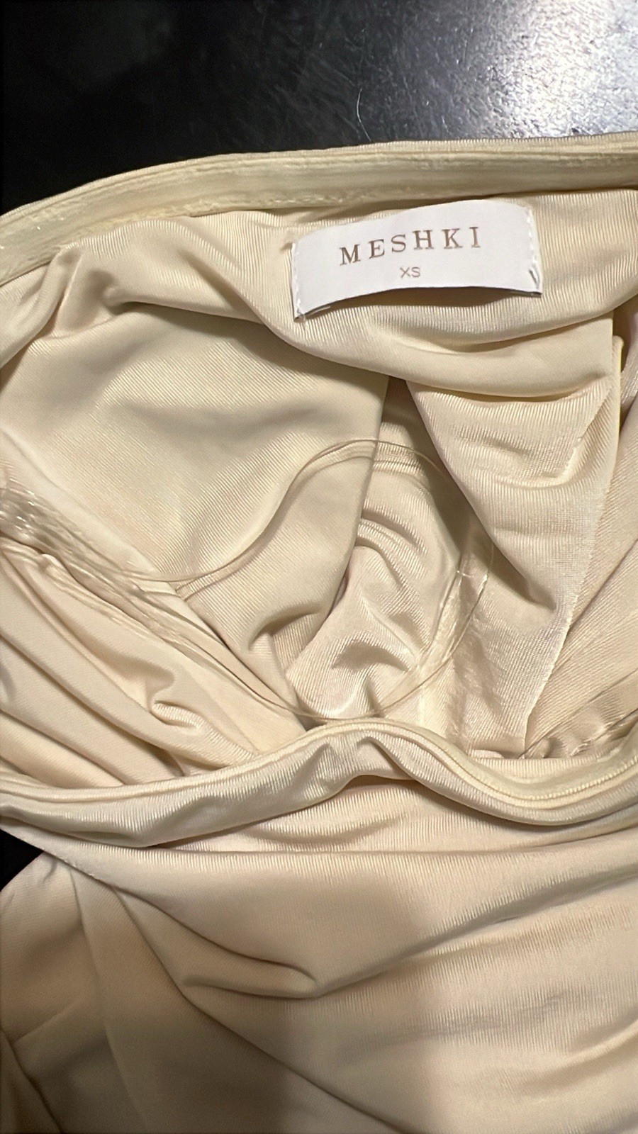 MESHKI Beige Strapless Ruched Stretch Mesh Maxi Dress Formal XS
