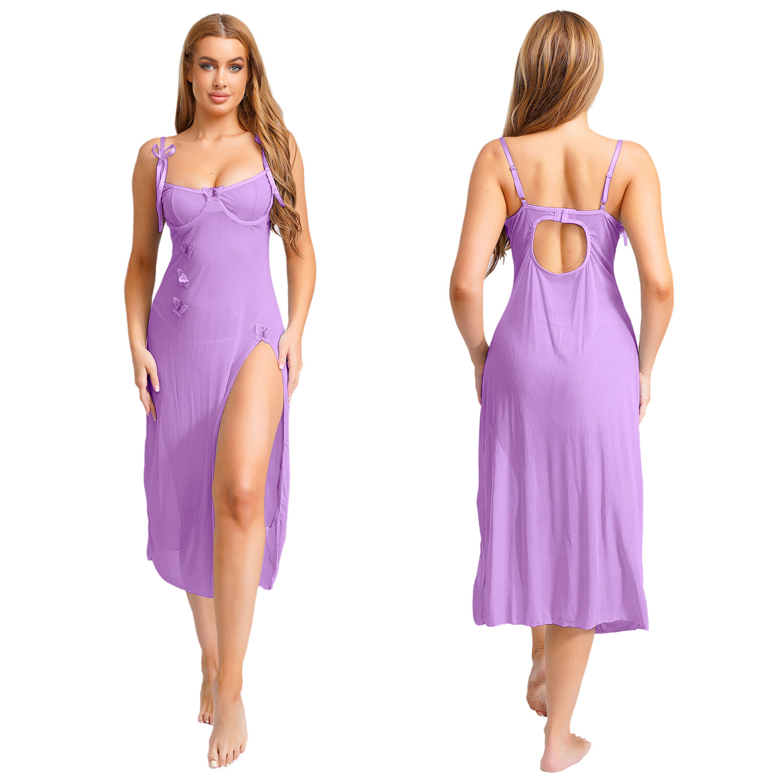 Women Sheer Lingerie Dress Underwire Push Up Backless High Slit Embroidery Dress