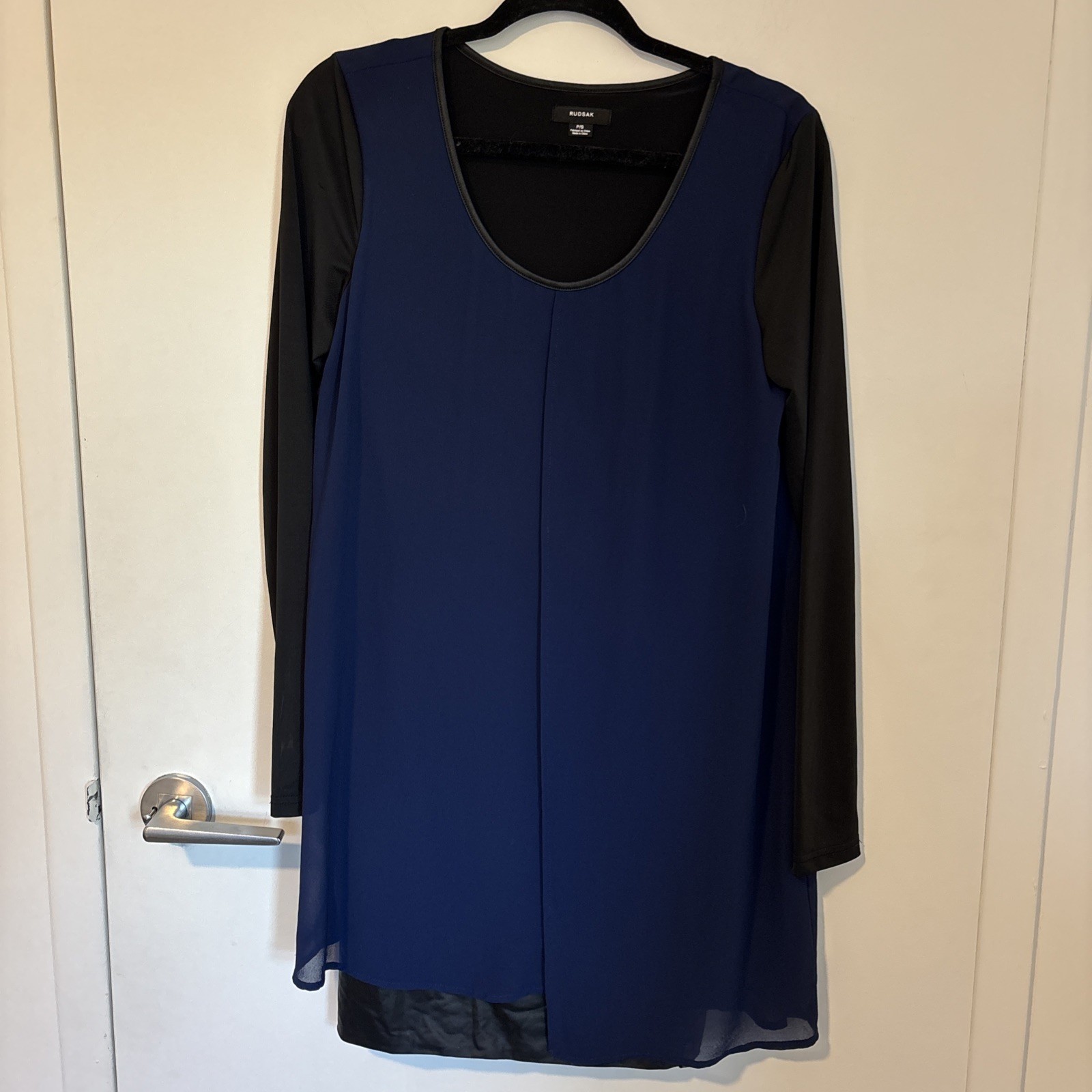 💙 RUDSAK Women’s Blue Dress Size Small – Faux Leather Accents, Elegant Modern