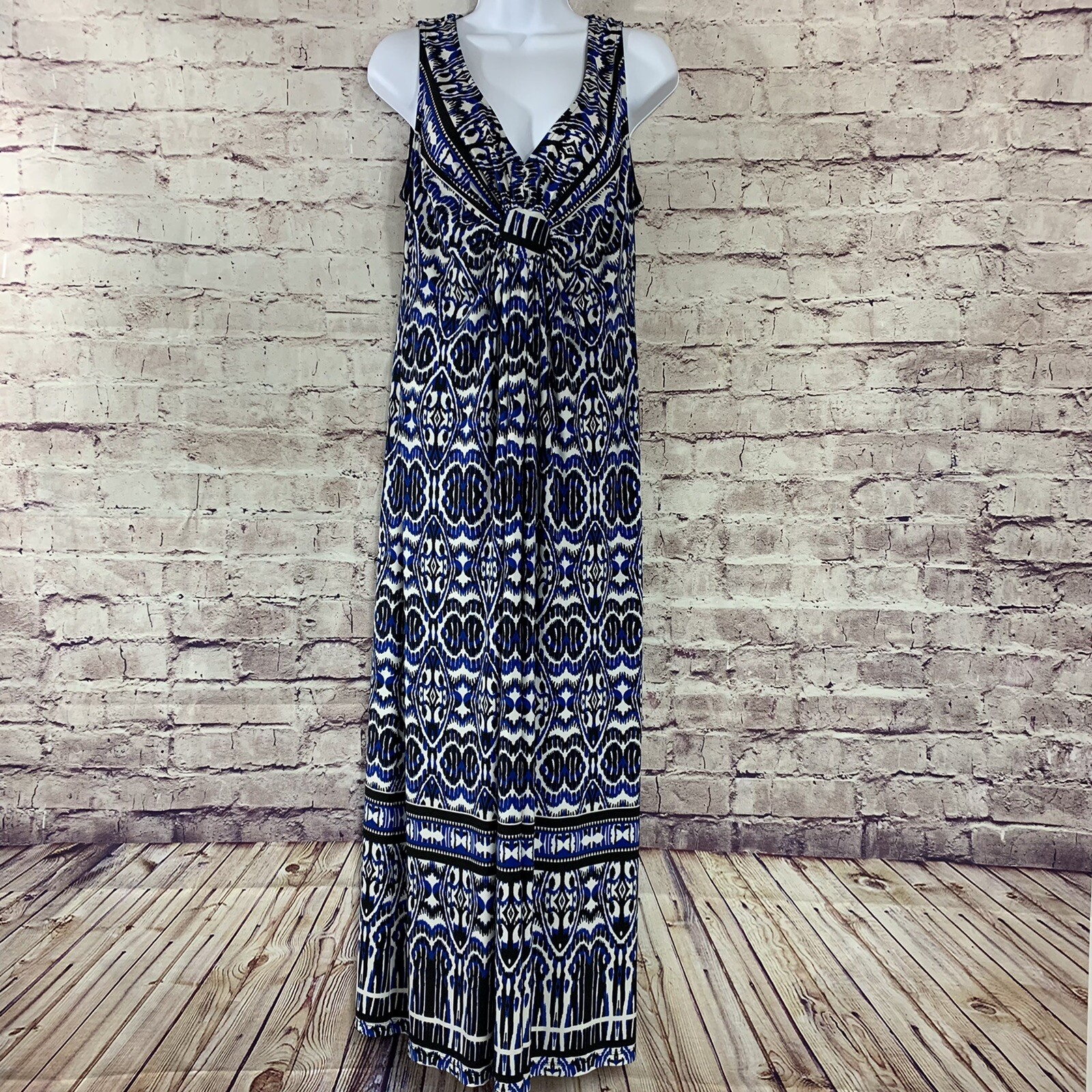 DB Established 1962 Dress Blue Black Print V Neck Sleeveless Maxi Womens 12P