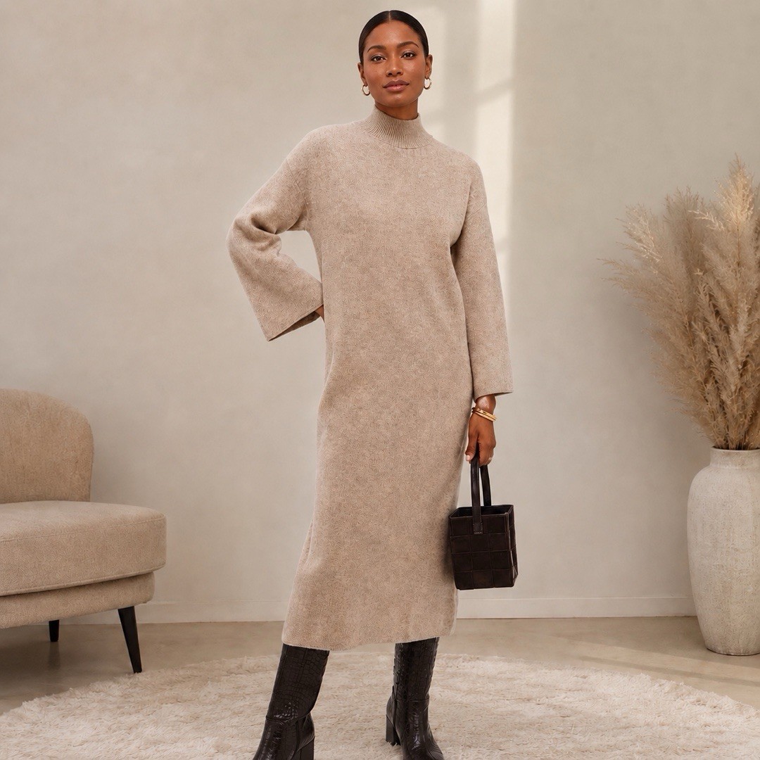 Pomander Place Vivianne Sweater Knit Midi Dress High Neck S Small Beige Casual