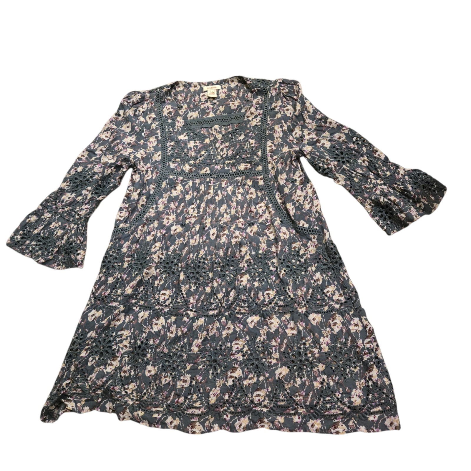 Sundance Dress Womens L Blue Ditzy Floral Peasant Boho Prairie Eyelet Cowgirl