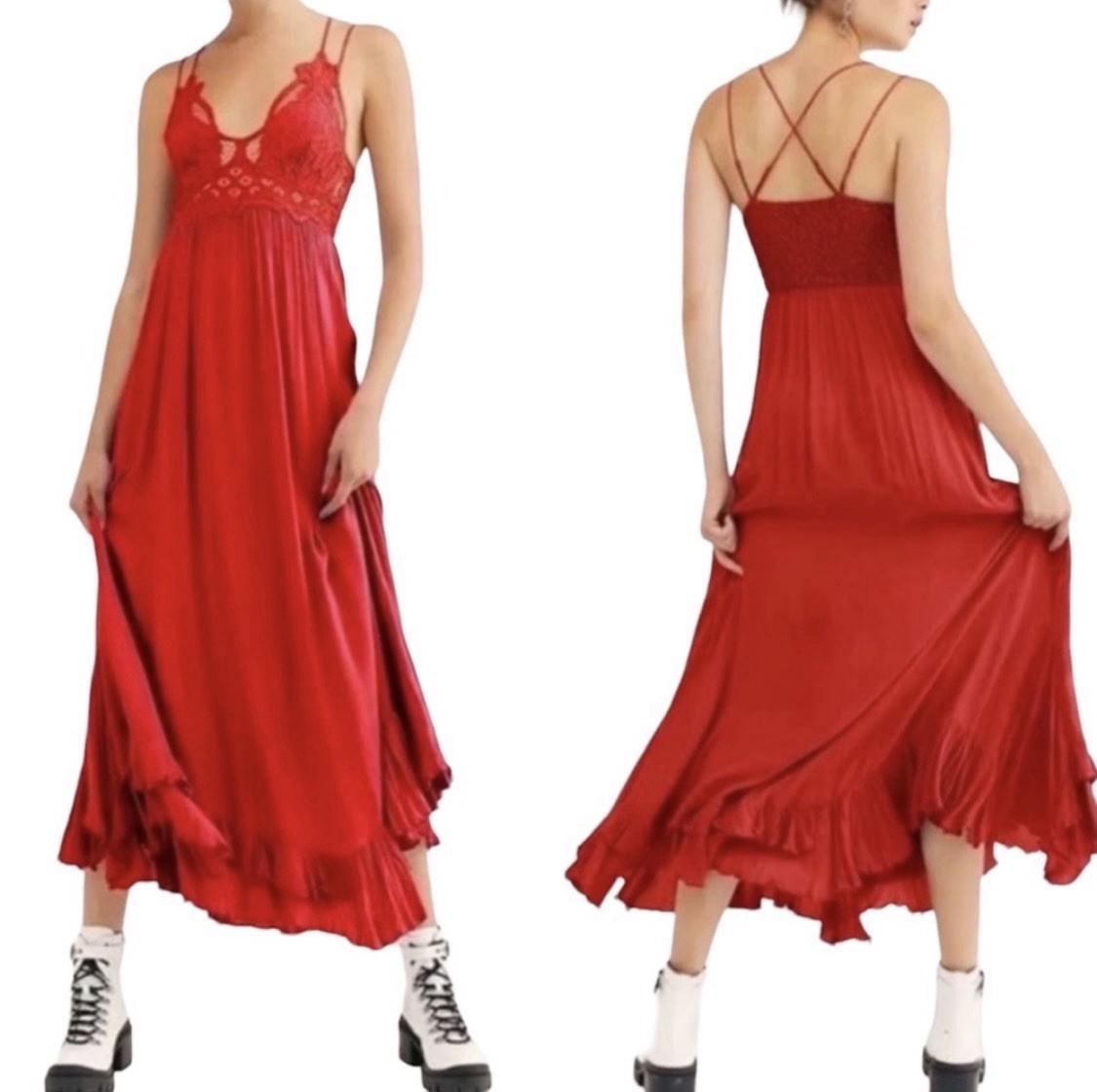 FREE PEOPLE “Adella” Maxi Slip Dress With Lace Top, Bright Red, Size XS, NEW
