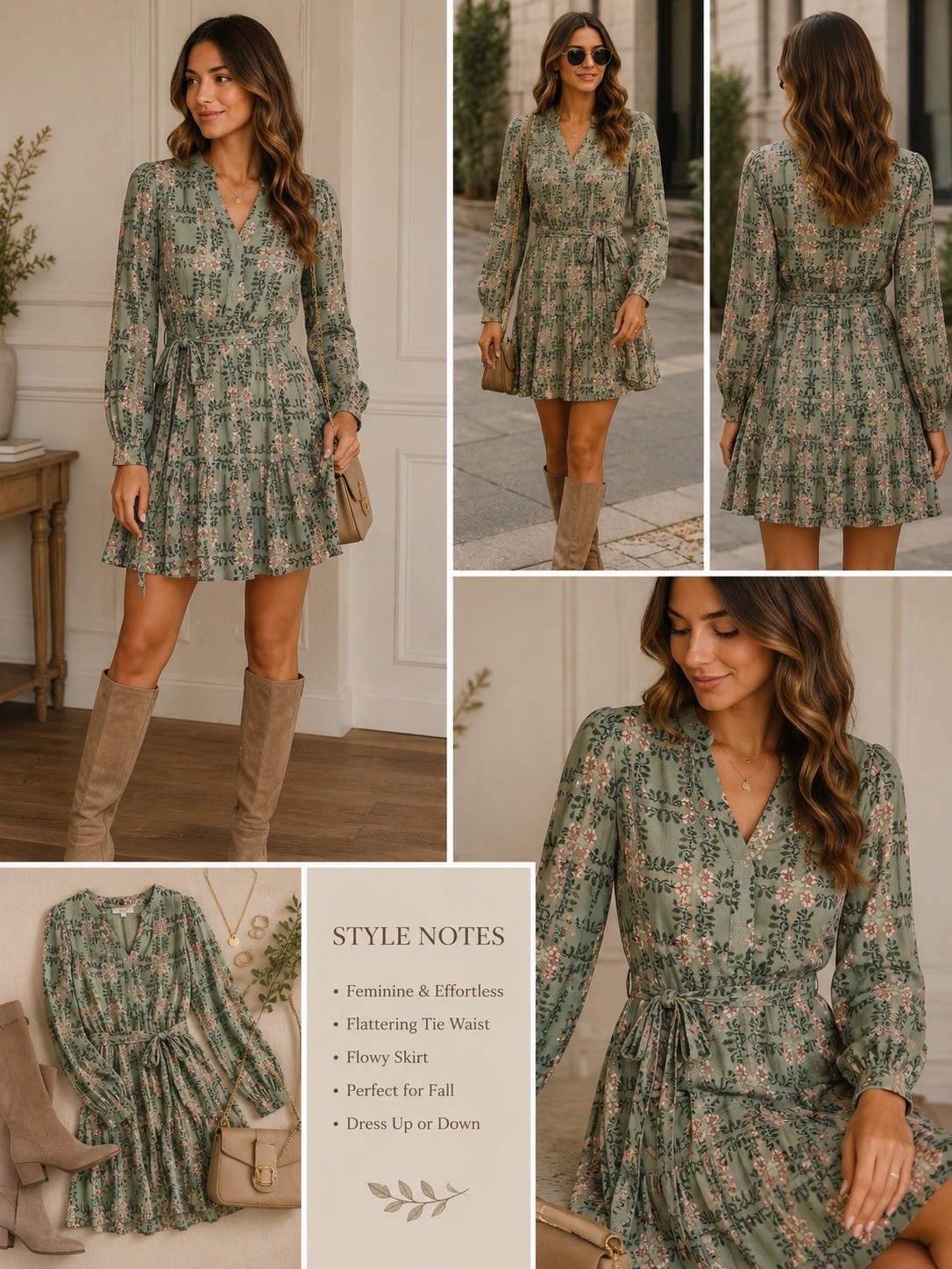 LOFT Women’s Green Pink Floral V-Neck Long Sleeve Tie Ruffle Short Dress M