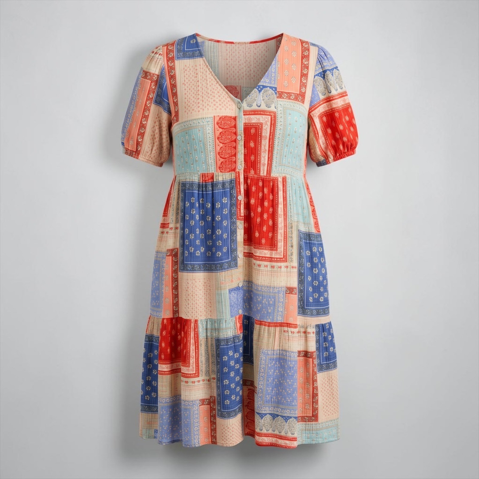 WONDERLY Boho Patchwork Print Cotton Gauze Button-Front Midi Shirt Dress, XL