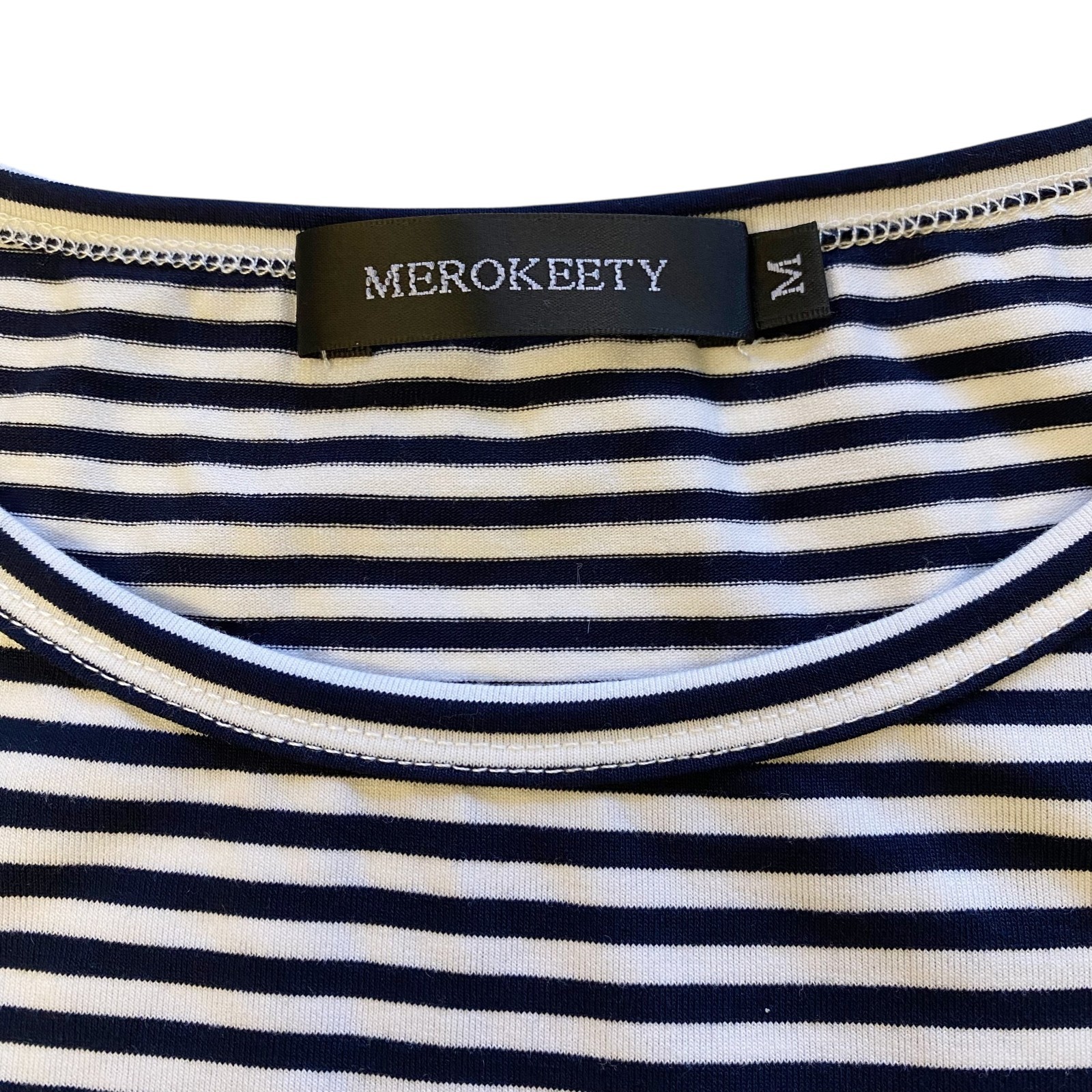 MEROKEETY Tee Shirt Dress Womens Medium Striped Pockets Tie Waist Blue&white