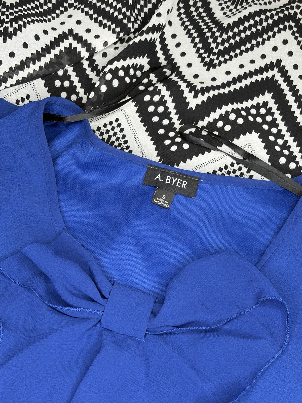 Small Modcloth Black, White, Royal Blue Chevron Chiffon Bow Dress 3/4 Sleeve