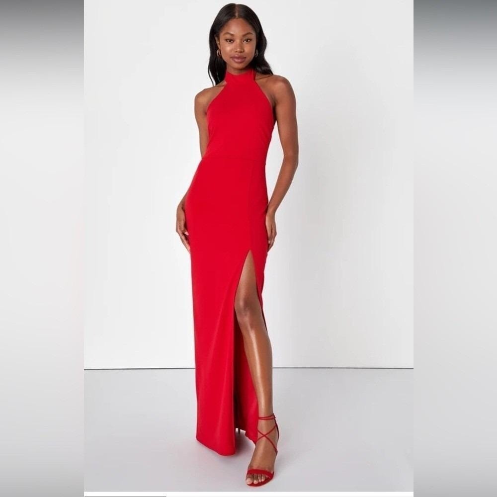 Remarkable Elegance Red Backless Halter Column Dress