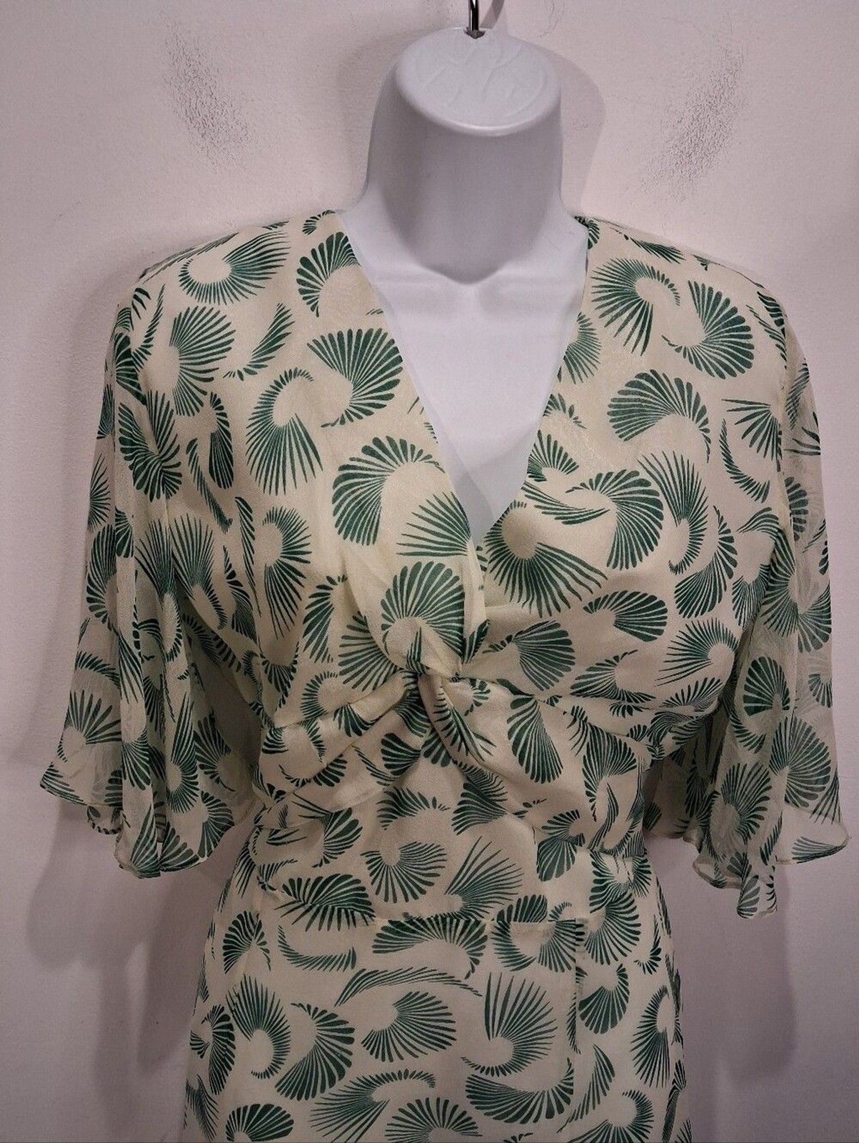 Nancy Mac Size 2 1940s Style Silk Green Fan Print Midi Dress