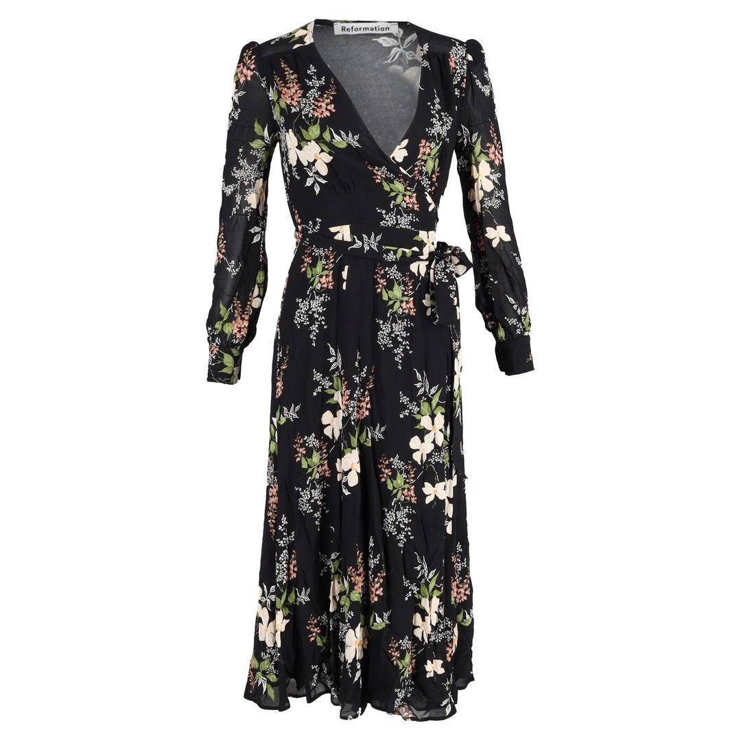 Reformation Susanna Long Sleeve Wrap Midi Dress Women’s XS Black Multi Floral