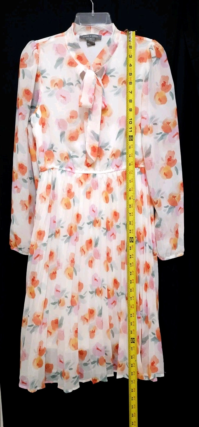 NEW Lark + Grey MEDIUM PLEATED Blouson Midi Dress Orange White Floral Tie Neck