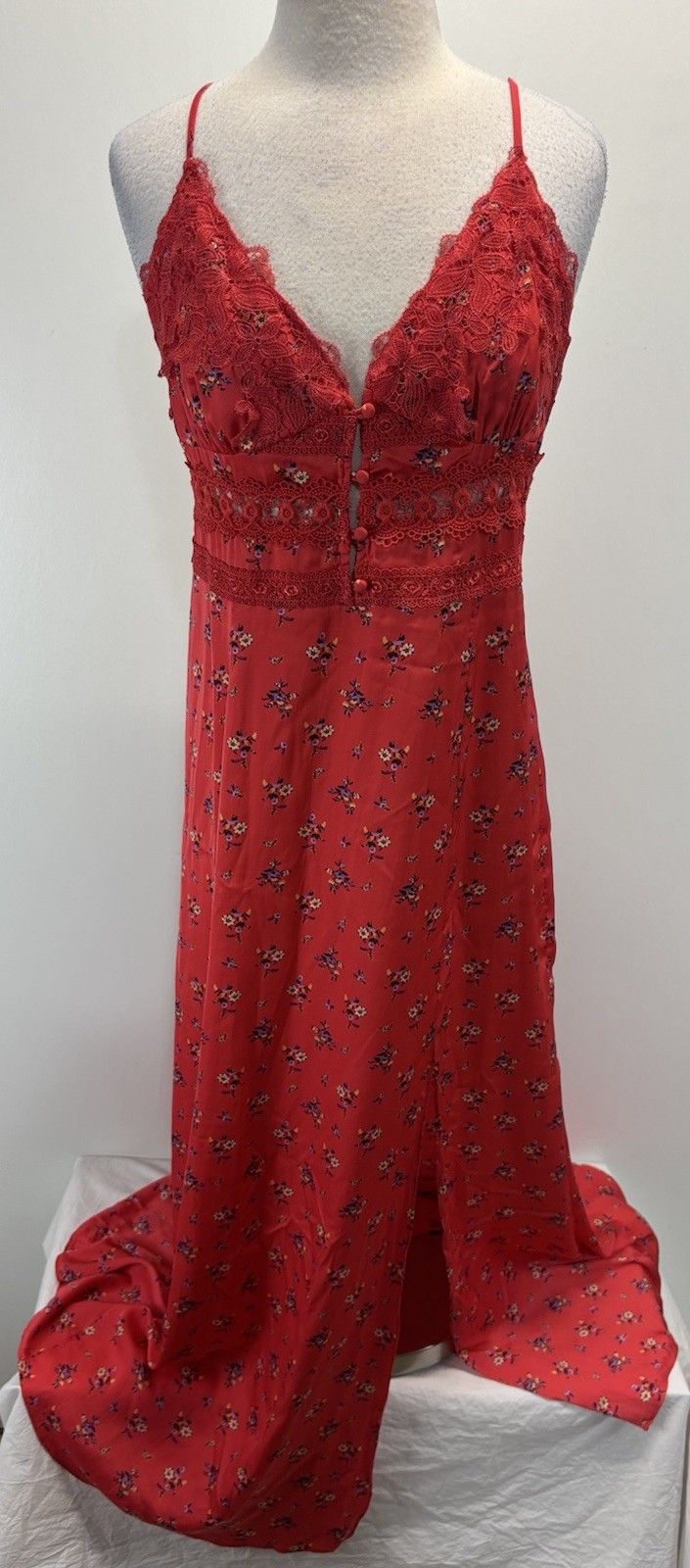 Free People Out and About slip Maxi Dress Womens XL Red Floral slit Boho Flowy