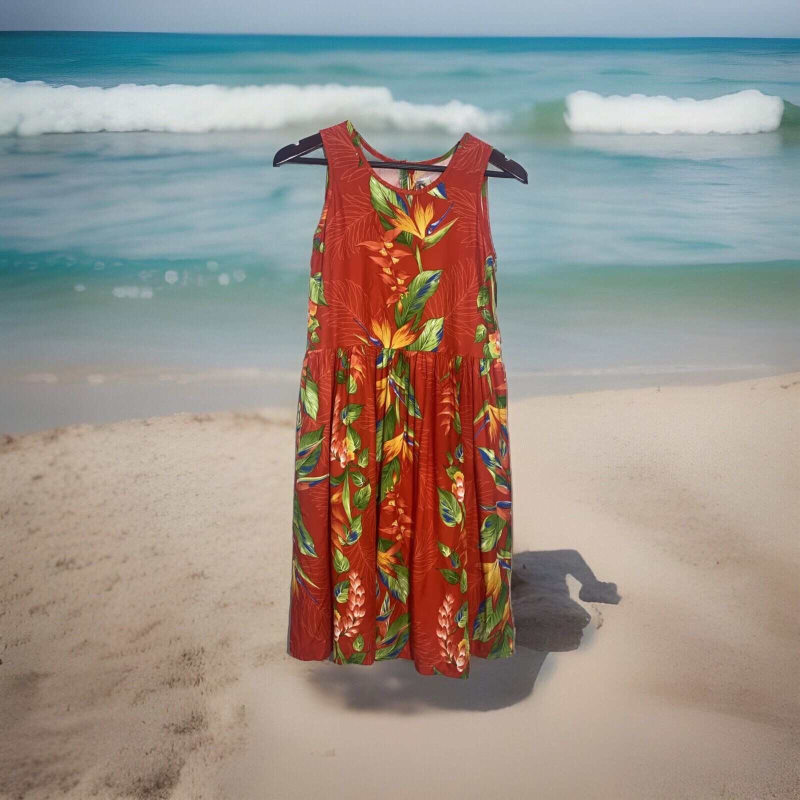 Hilo Hattie Hawaiian Dress Women L Red Floral Print Maxi Tank Luau Casual Hawaii
