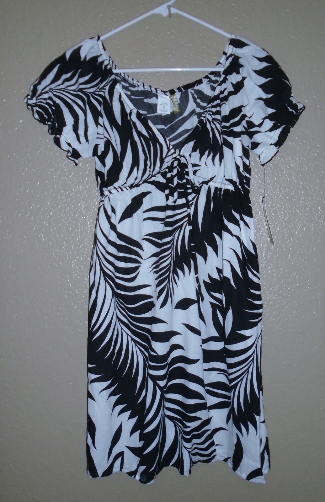 2Bamboo Black & White Print 100% Cotton Empire Waist Beach Dress Medium $79 NWT