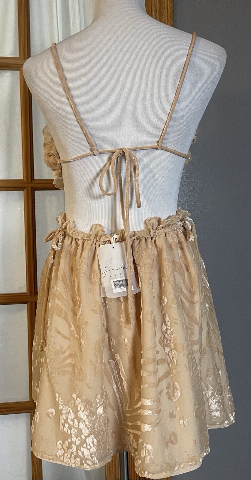 Saboluxe Strappy Open Back Dress M Mini Beige Velvet Floral Mesh Cut Out Waist