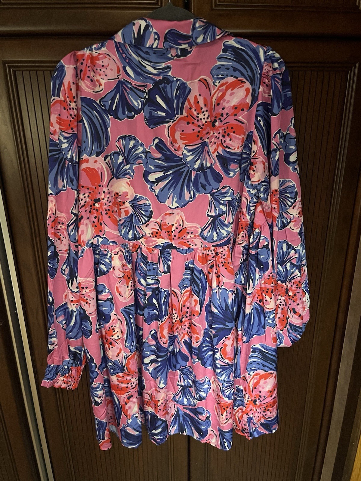 Lilly Pulitzer M Pink/Blue Floral Dress Long Sleeve Button Front Ruffle Collar
