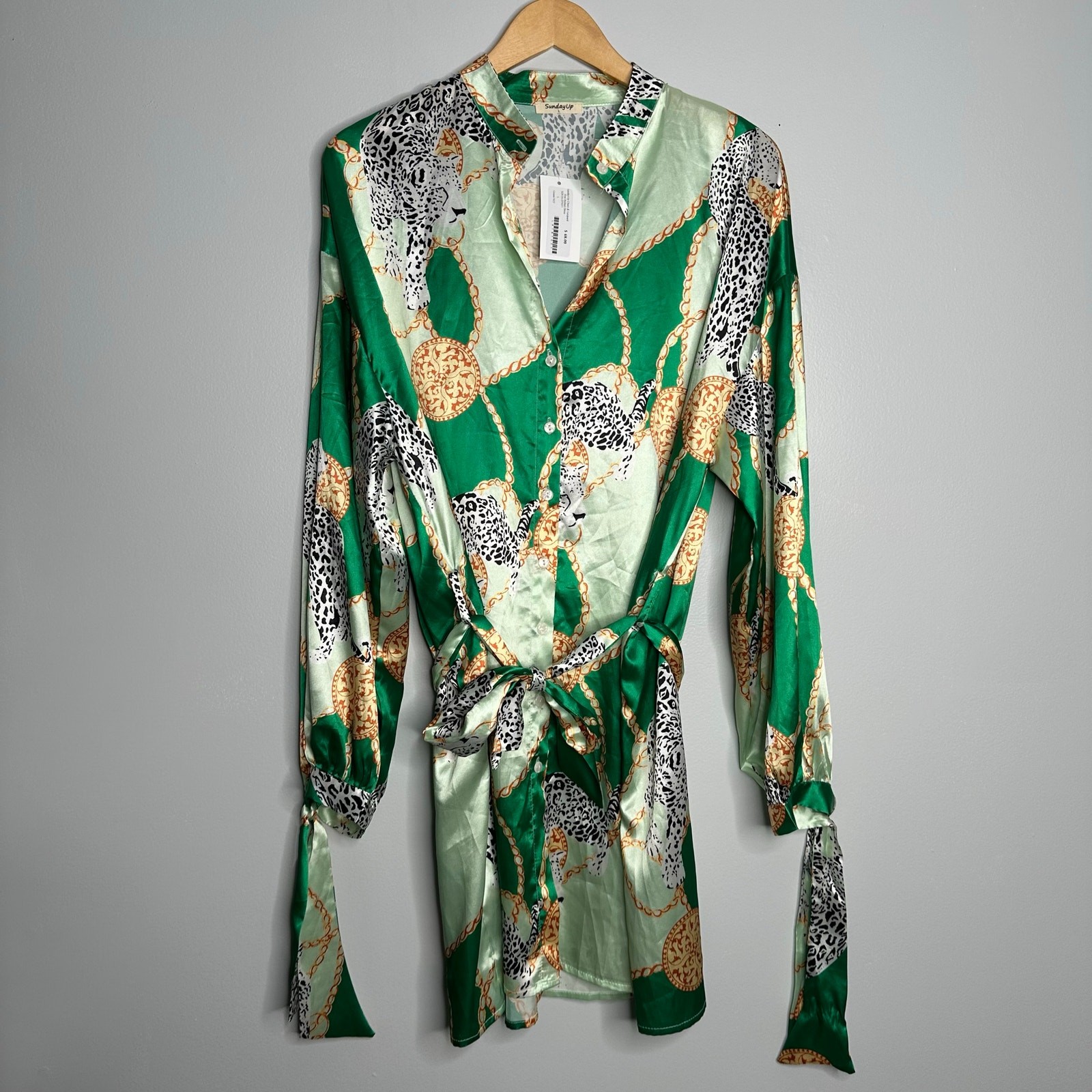 SundayUp Chain & Leopard Dress Womens L Green NWT Satin Belted Shirt Dress Bold