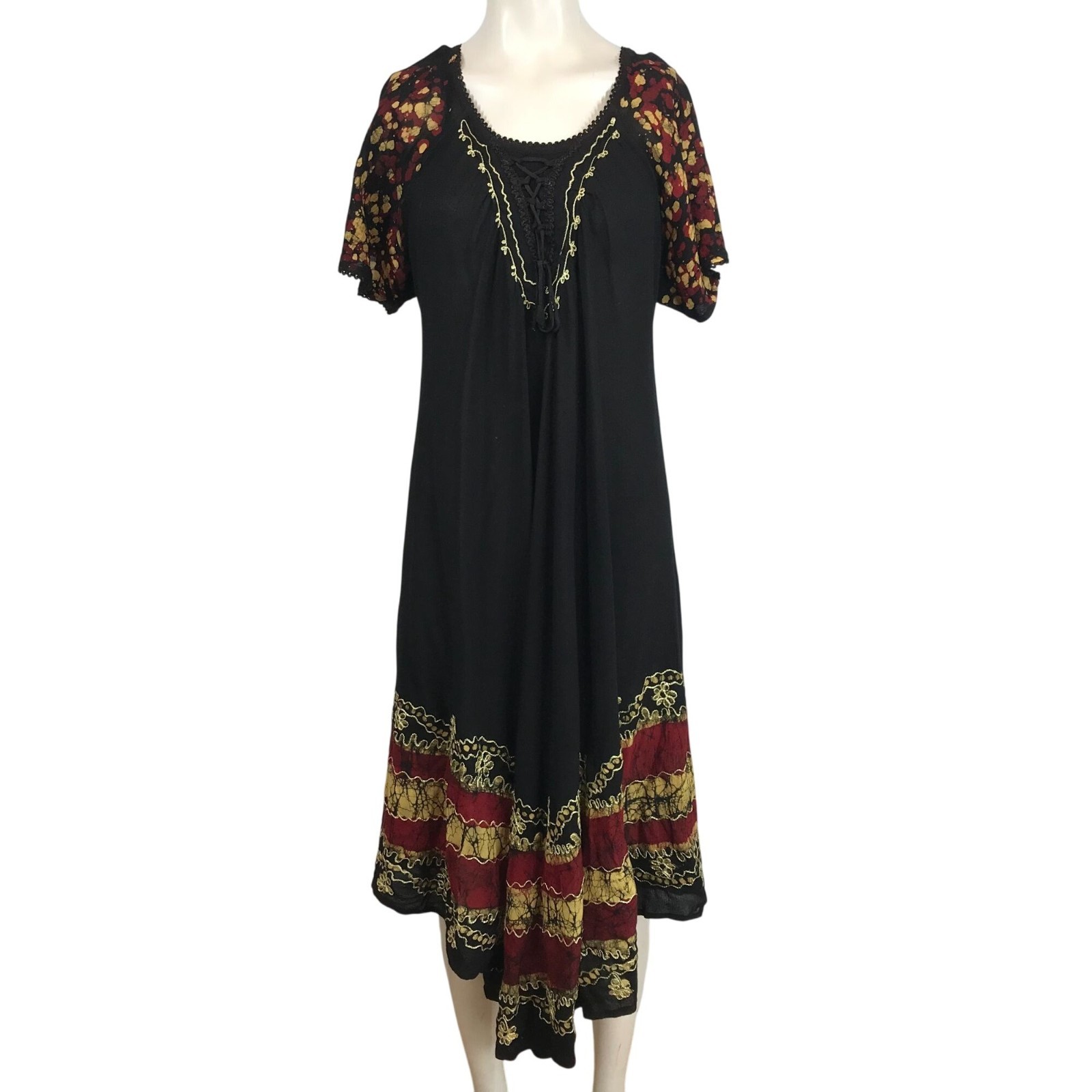 SAKKAS – WOMEN’S ONE SIZE – BLACK SHORT SLEEE ROUND NECK 100% RAYON DRESS