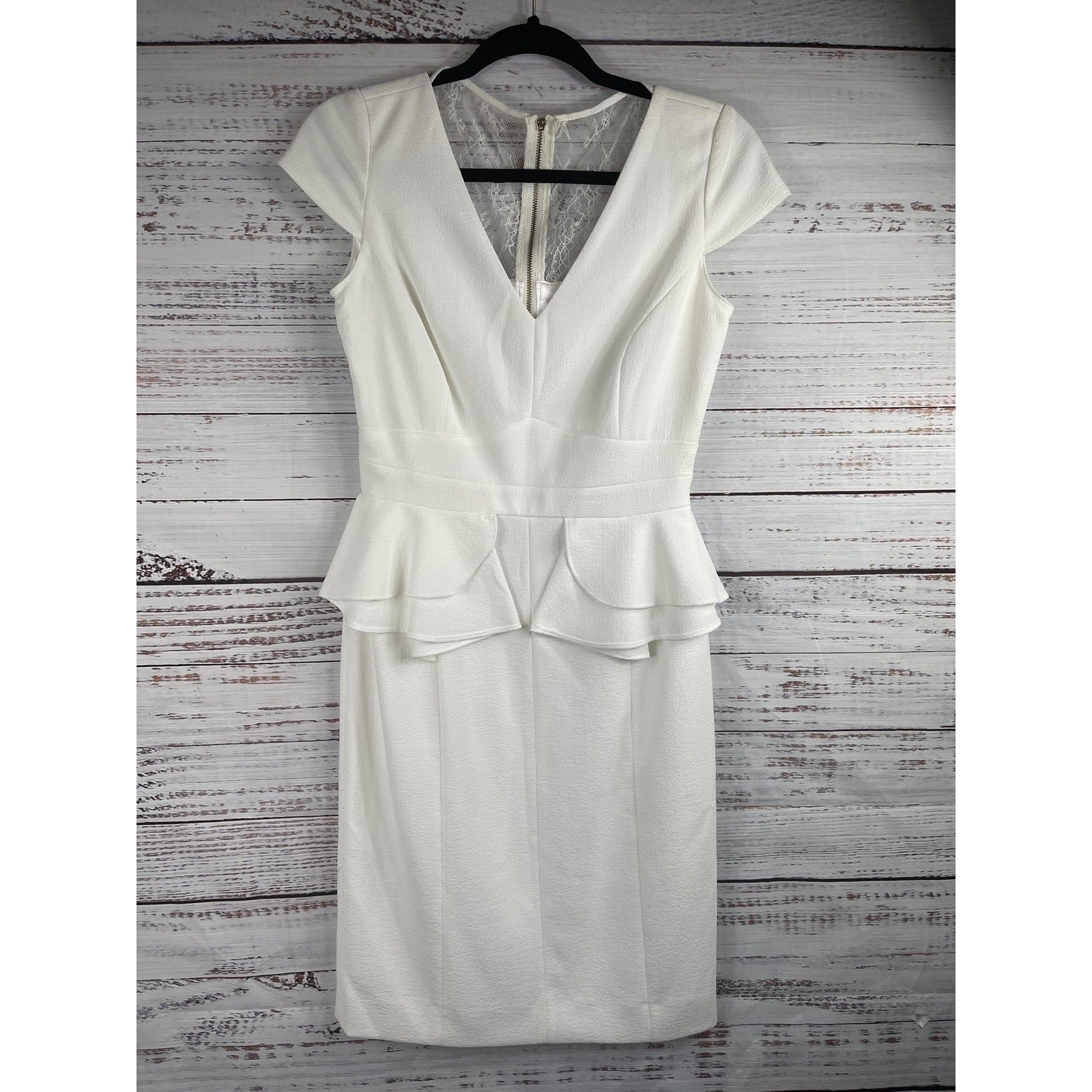 Antonio Melani Dress Women’s 2 White Cap Sleeve Peplum Sheath Lace Back Elegant