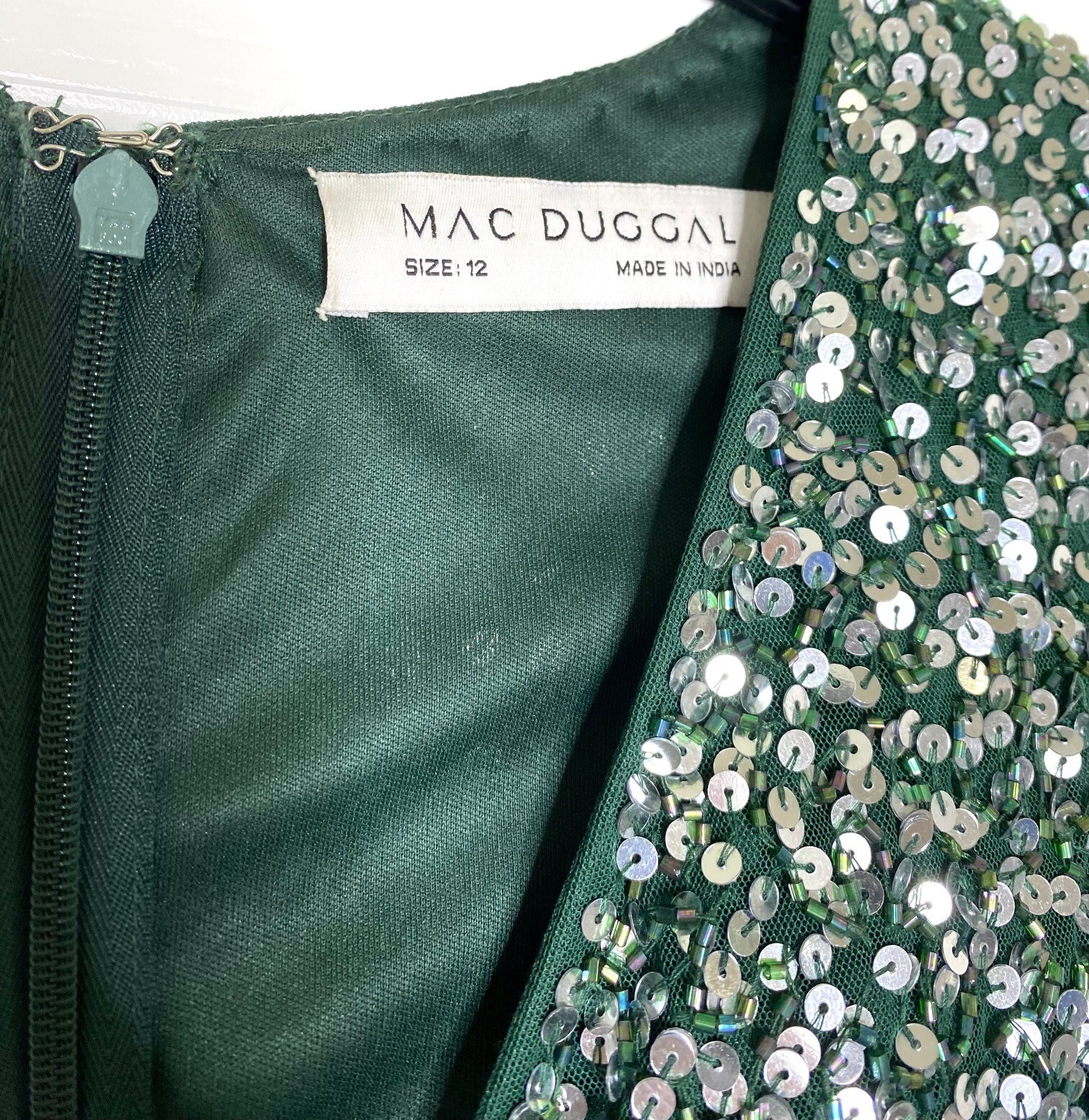 MAC DUGGAL 5489 Forest Green Sequin Beaded High Slit Ruched Maxi Gown Dress 12