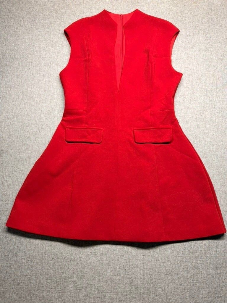 LuFeng Red Deep Plunge V Neck Sleeveless Flap Pocket A Line Mini Dress Large